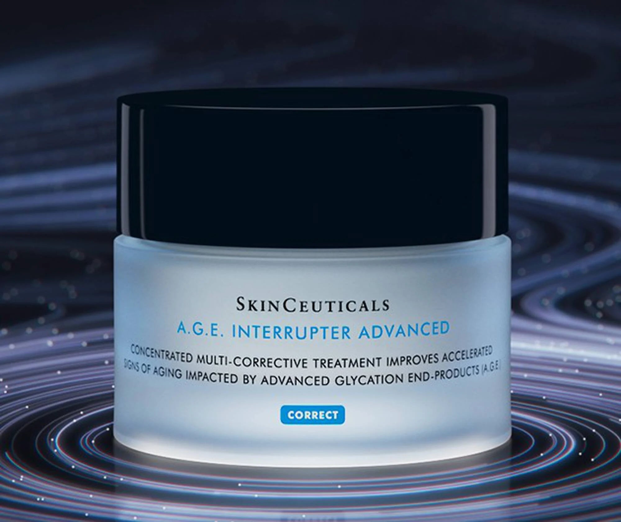 Skinceuticals A.G.E. Interrupter Advanced jar on a dark background with concentric circles