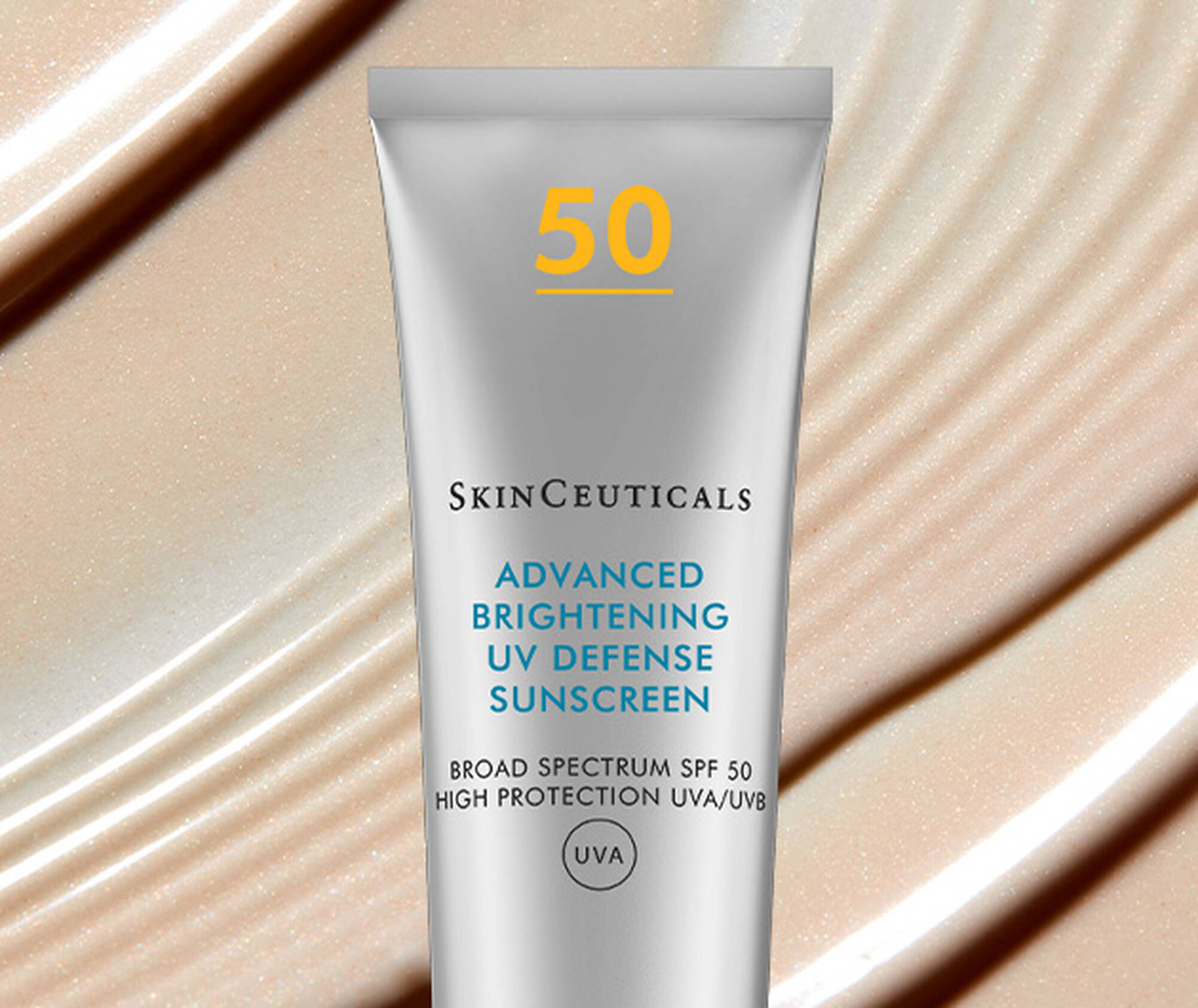SkinCeuticals Advanced Brightening UV Defense Sunscreen SPF 50 on a beige background