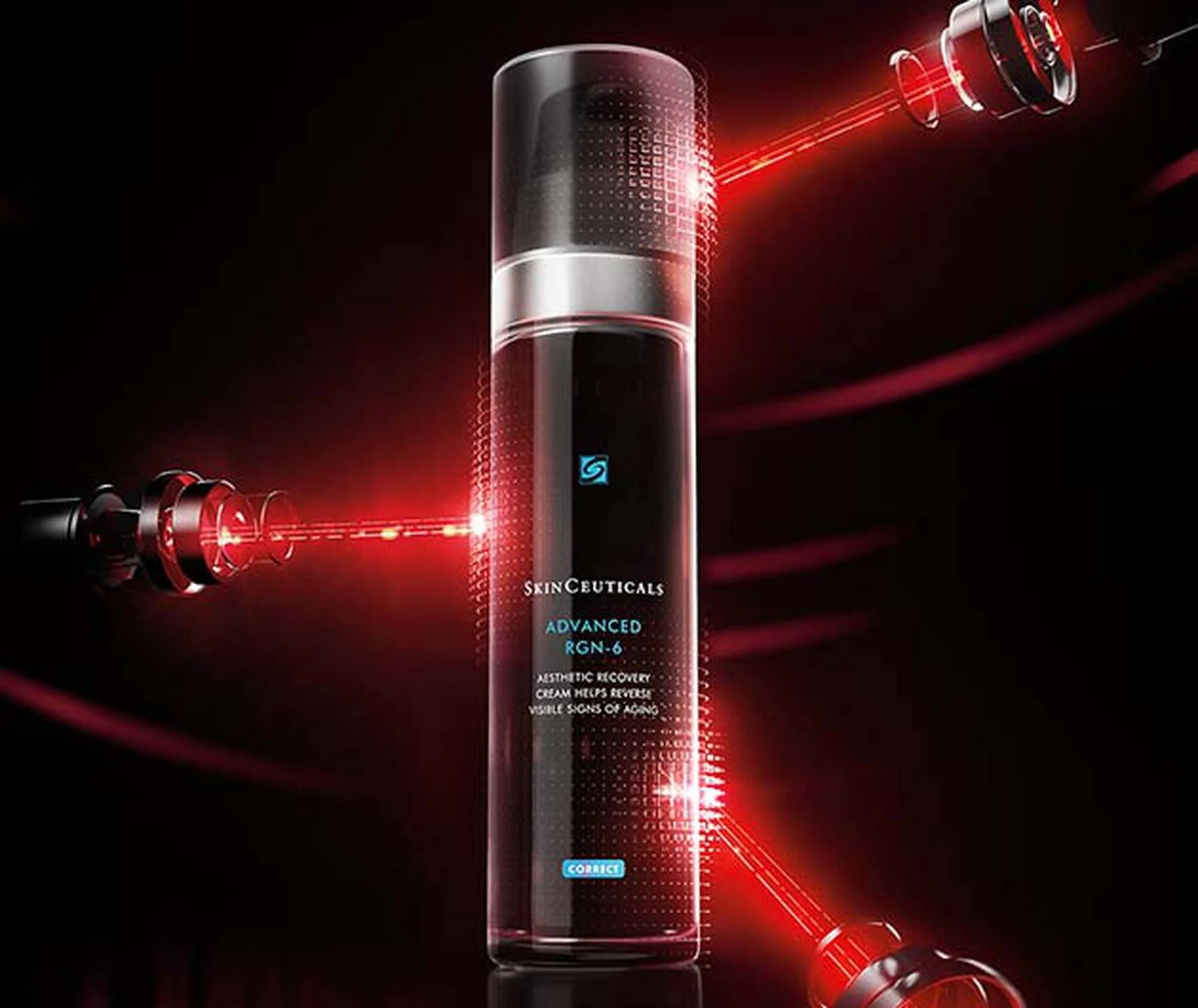 SkinCeuticals Advanced Repair serum bottle with red light therapy equipment on a dark background