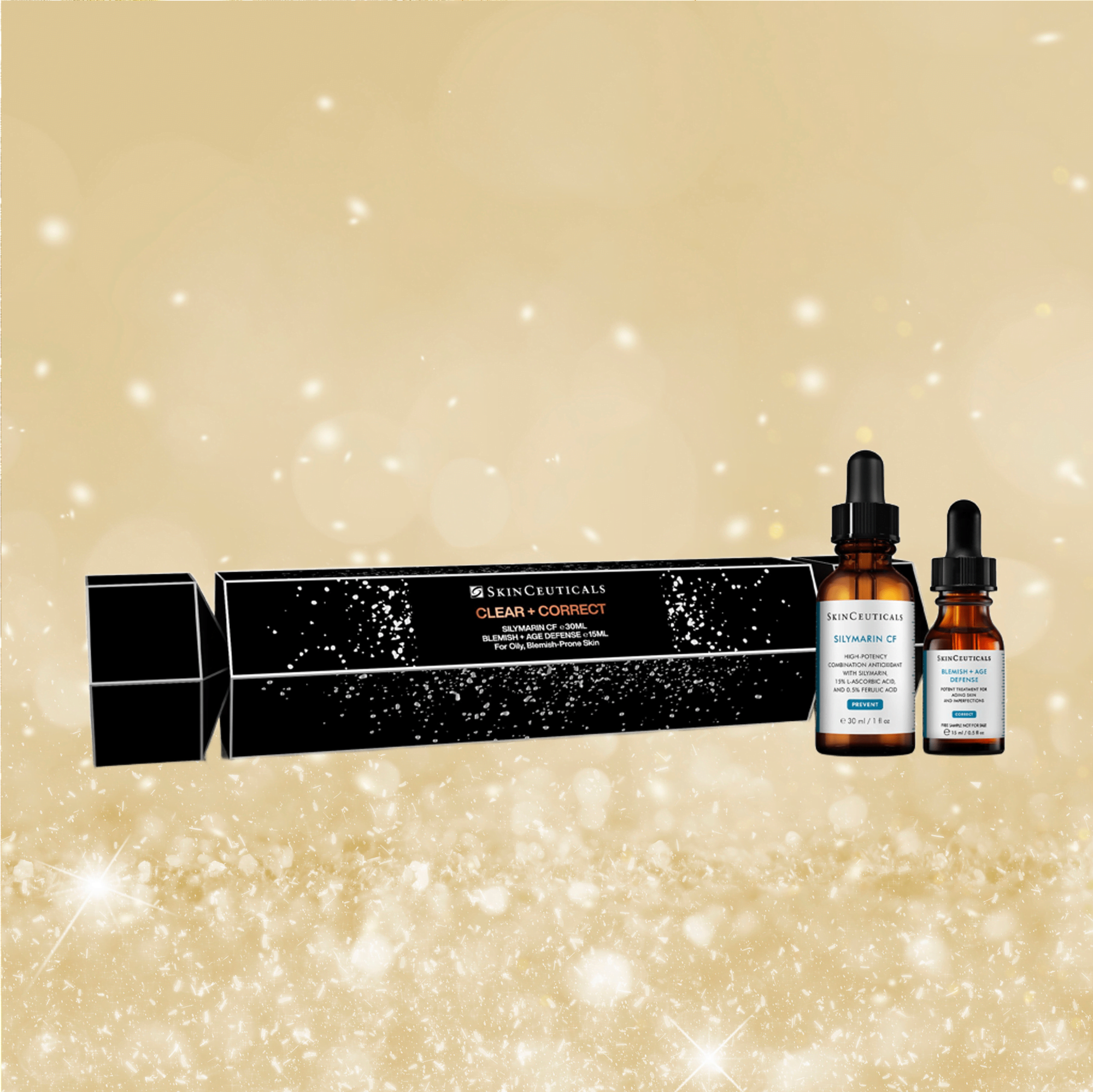 Skinceuticals Cristmas gift skincare products on a gold background