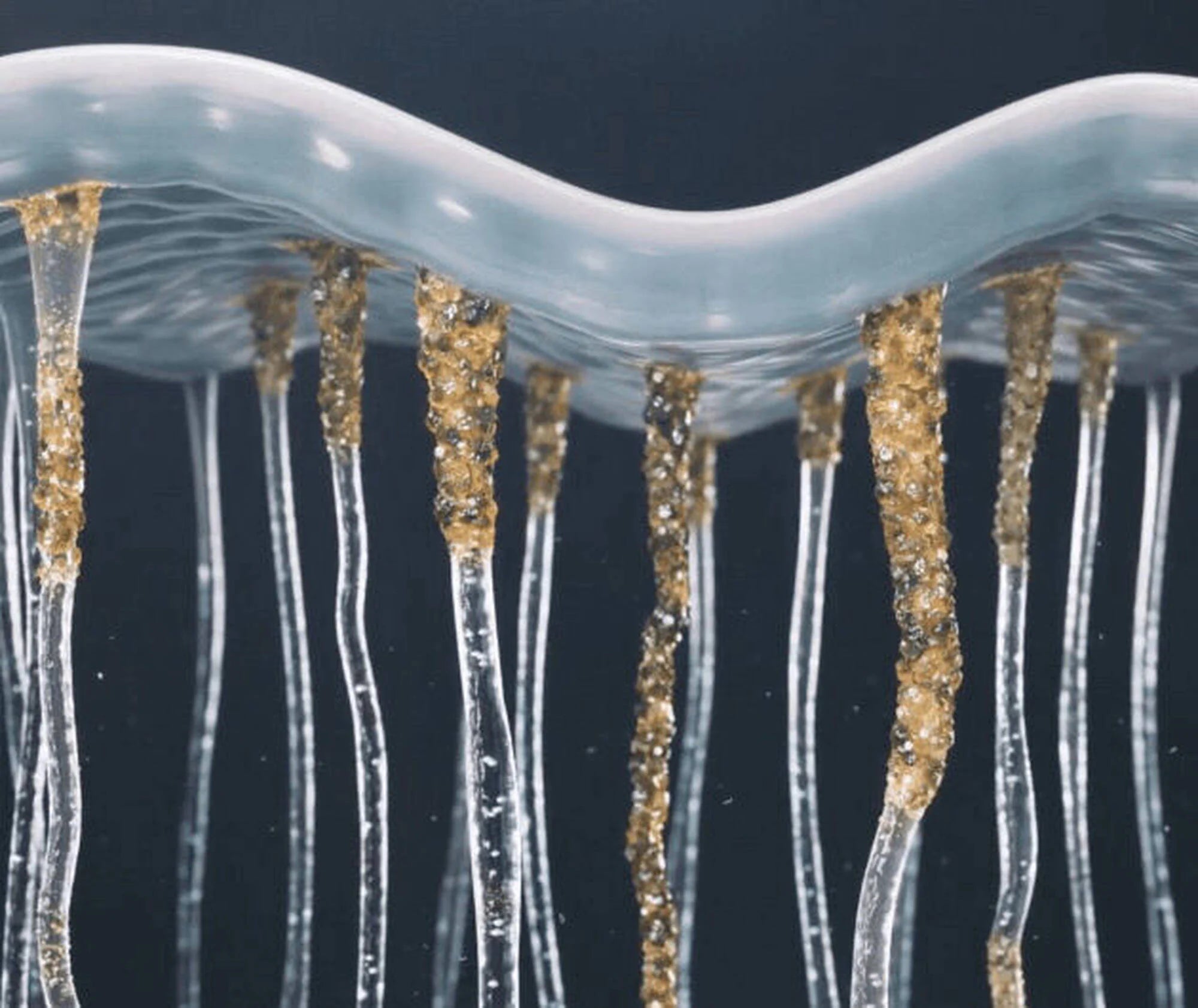 Close-up of a hair follicle with gold and clear elements on a dark background