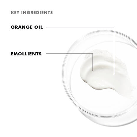 Glass bowl with white cream and labeled key ingredients on a white background