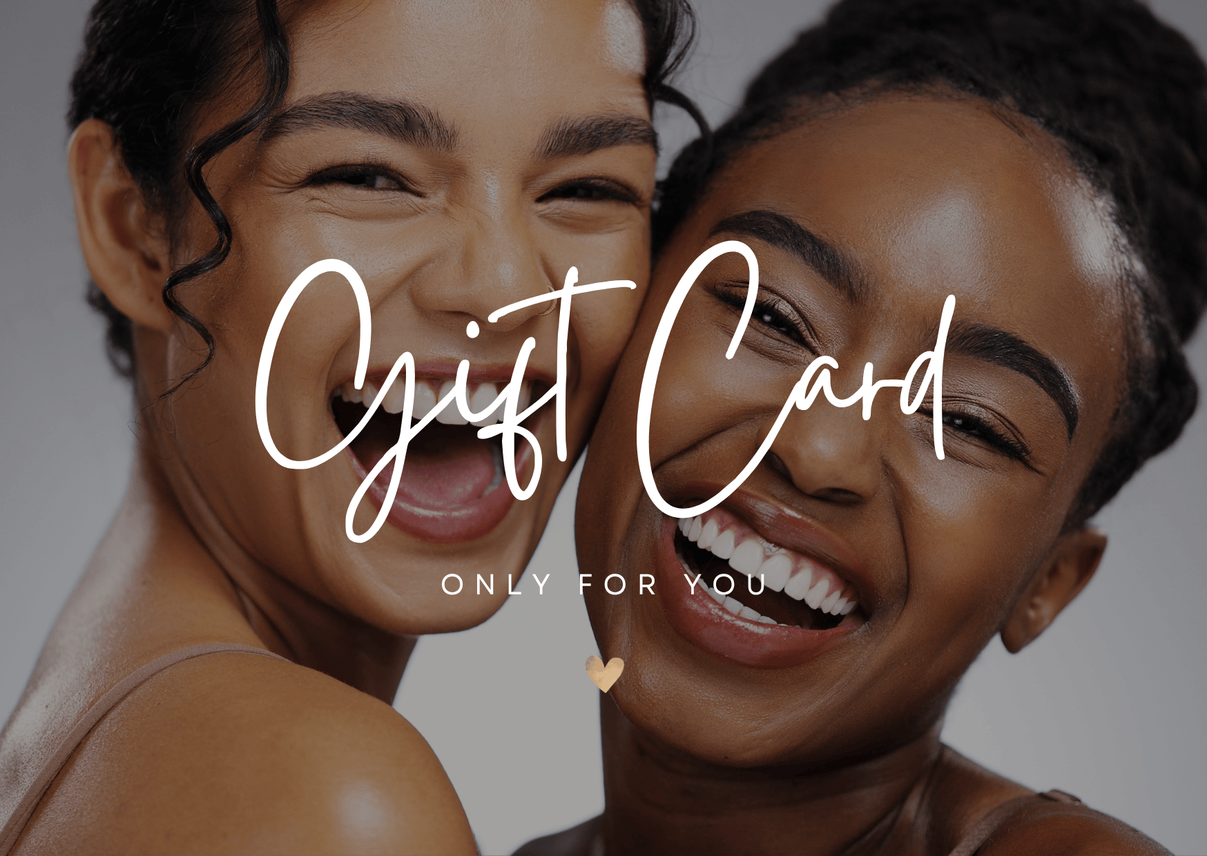 Two people laughing with 'Gift Card Only For You' text overlay on a dark background