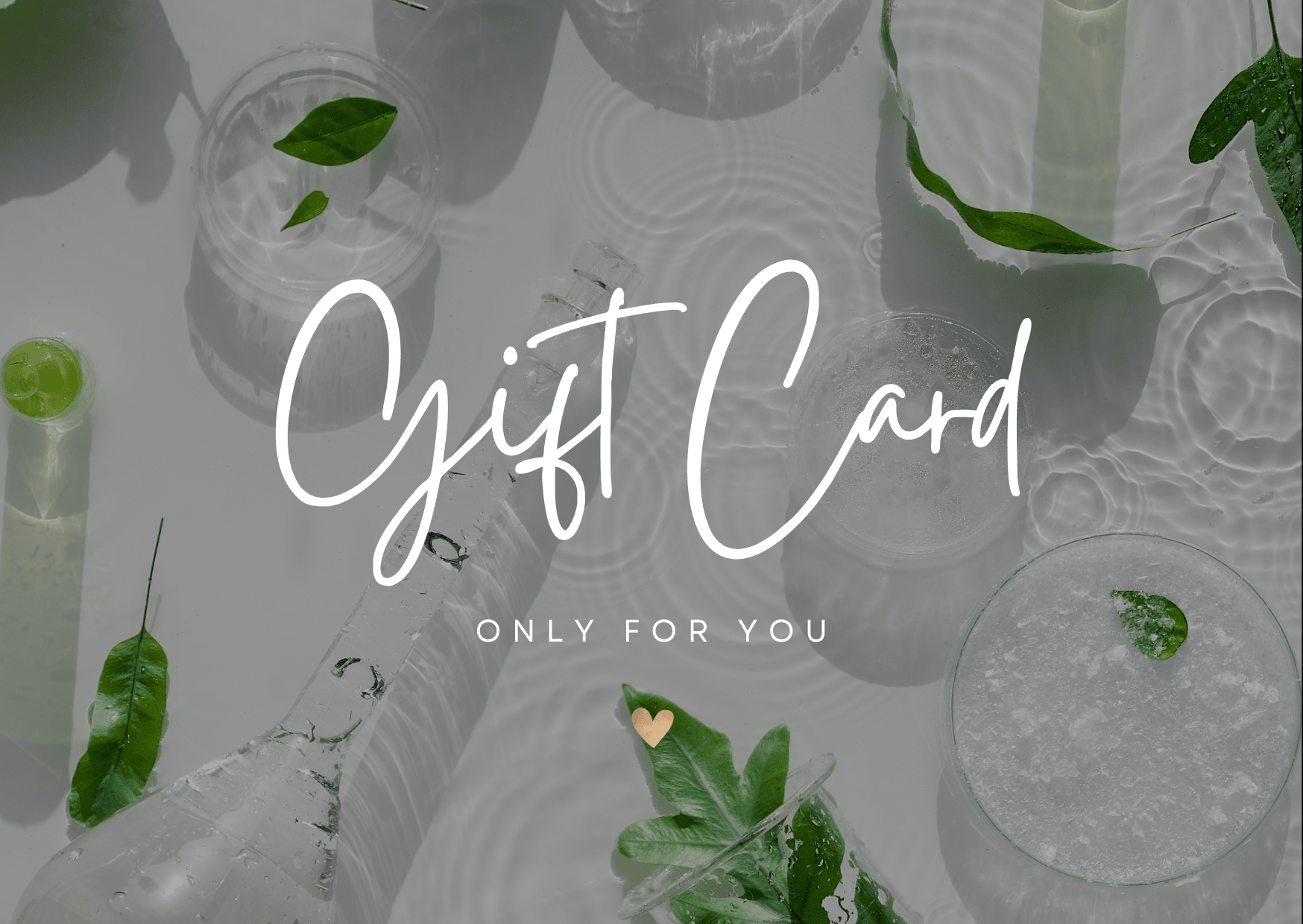 Gift card design with green leaves and a gray background