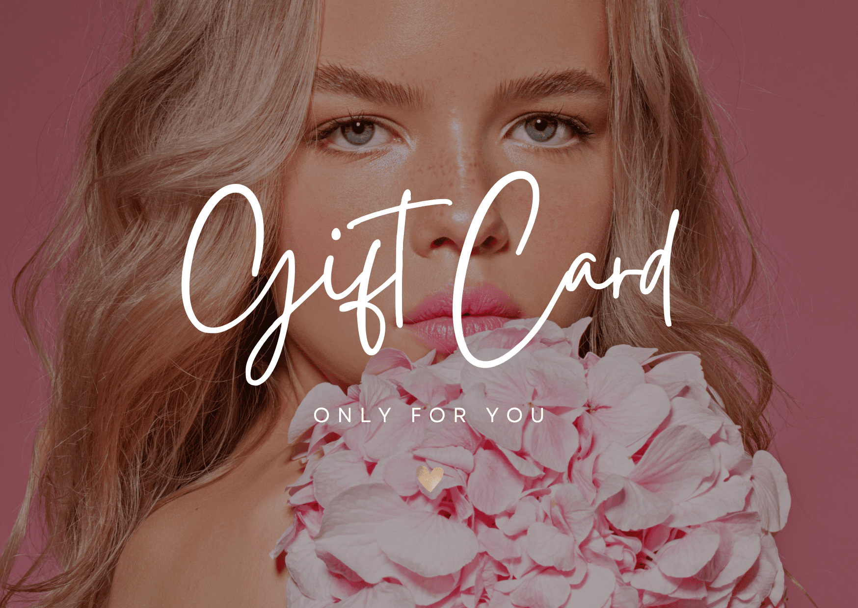 Woman holding pink flowers with 'Gift Card Only For You' text on a pink background