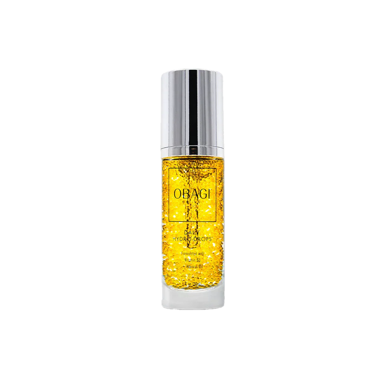 Obagi skincare serum bottle with yellow liquid on a white background