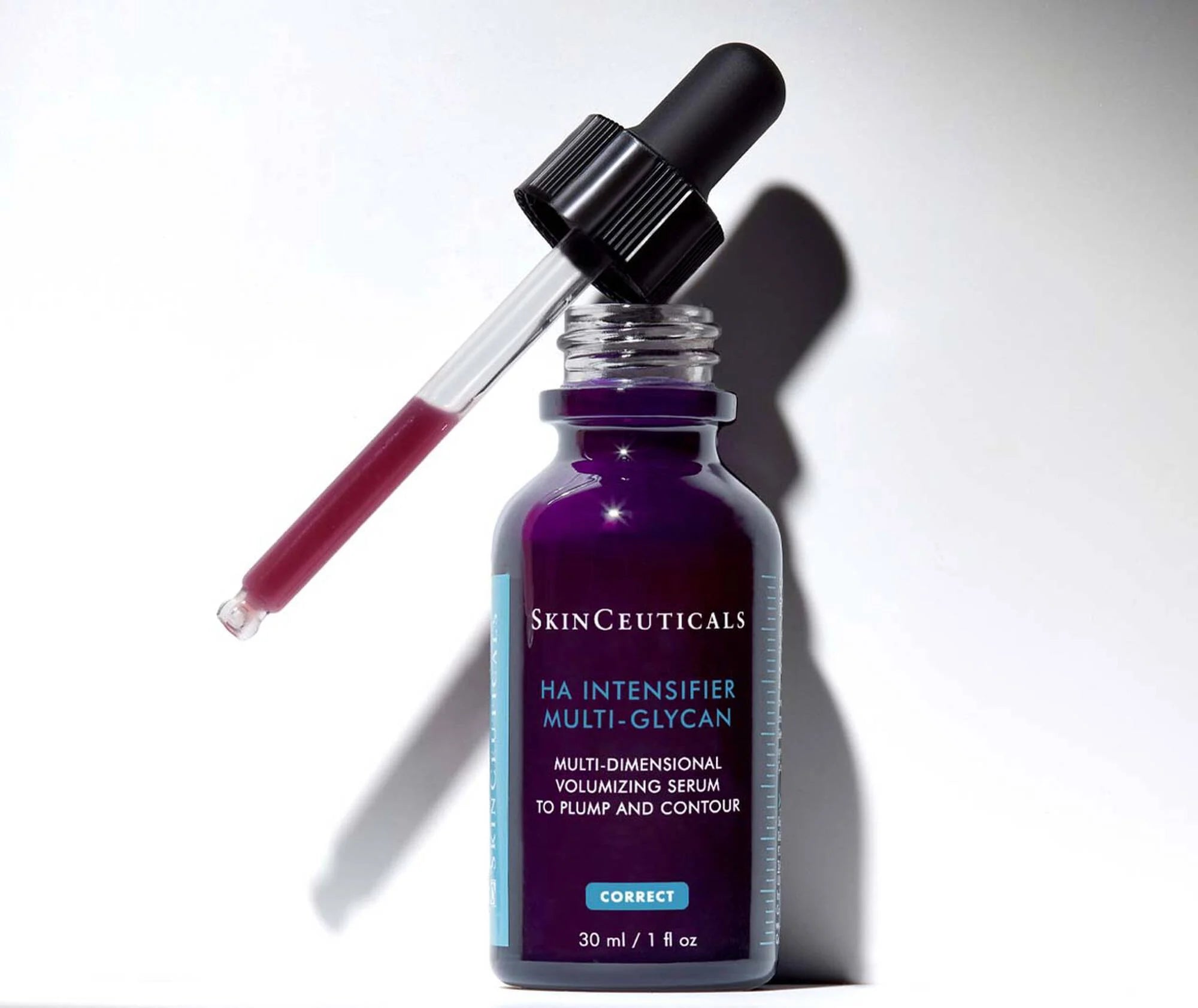 SkinCeuticals HA Intensifier Multi-Glycan serum bottle with dropper on a white background