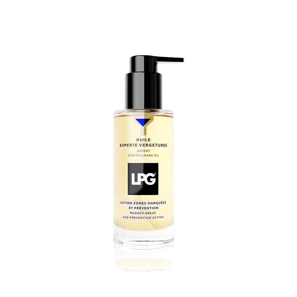 Bottle of UPG expert leg care oil with pump on a white background