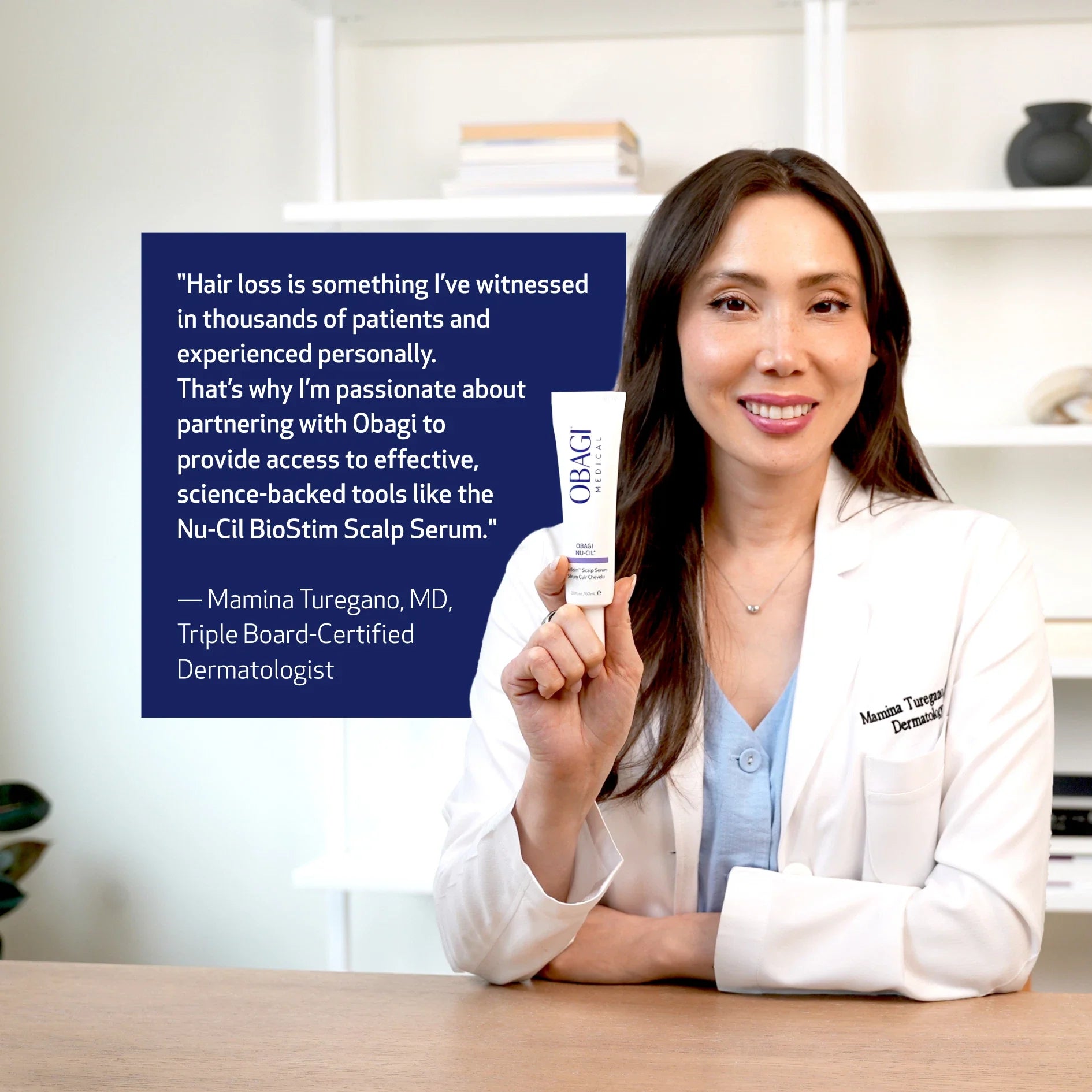 Woman holding Obagi skincare product with a quote from a dermatologist on a blue background