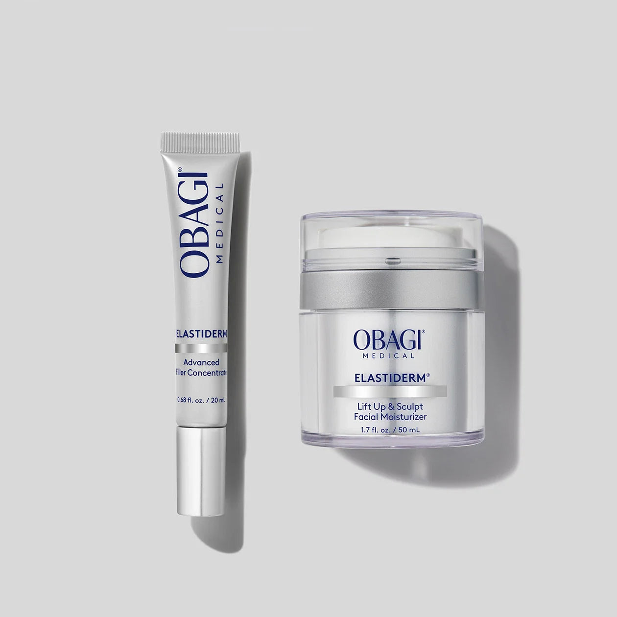 Obagi ELASTIderm Advanced Filler Concentrate tube and Lift Up & Sculpt Facial Moisturizer jar