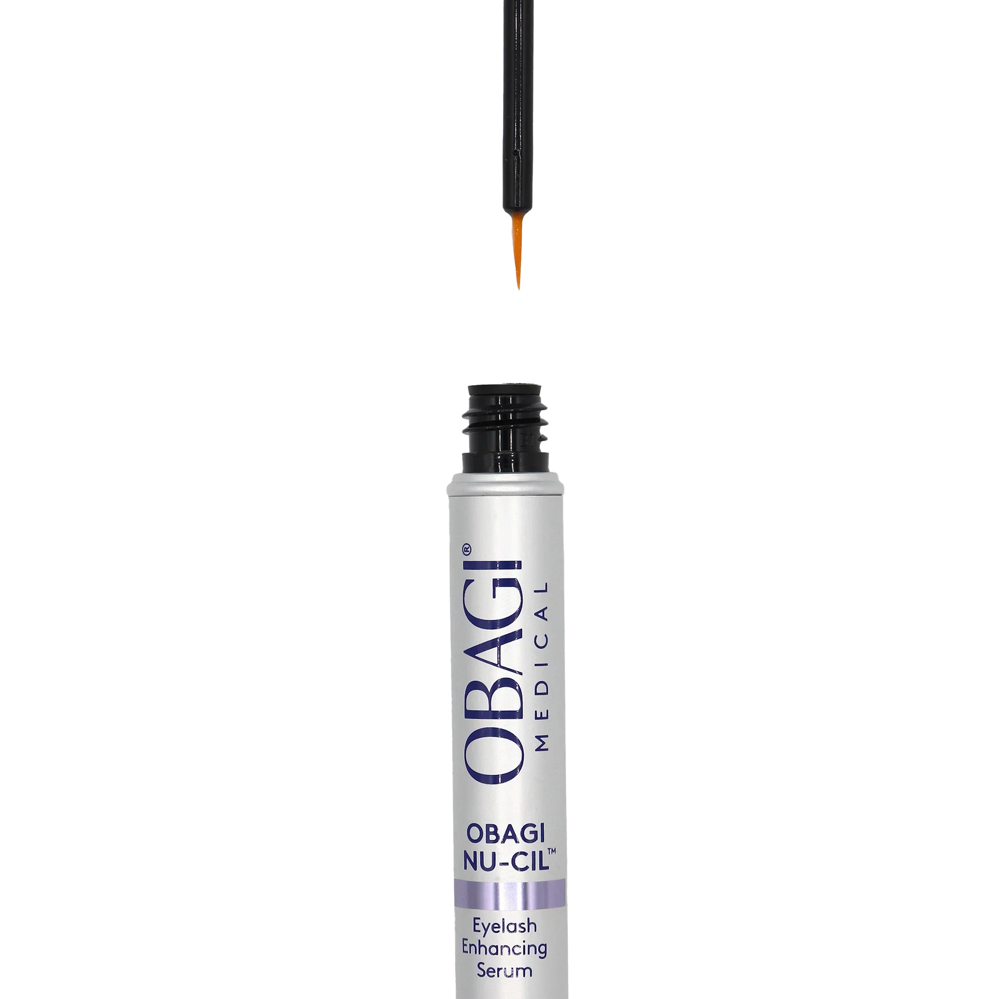 Obagi Nu-Cil eyelash enhancing serum with applicator on a white background