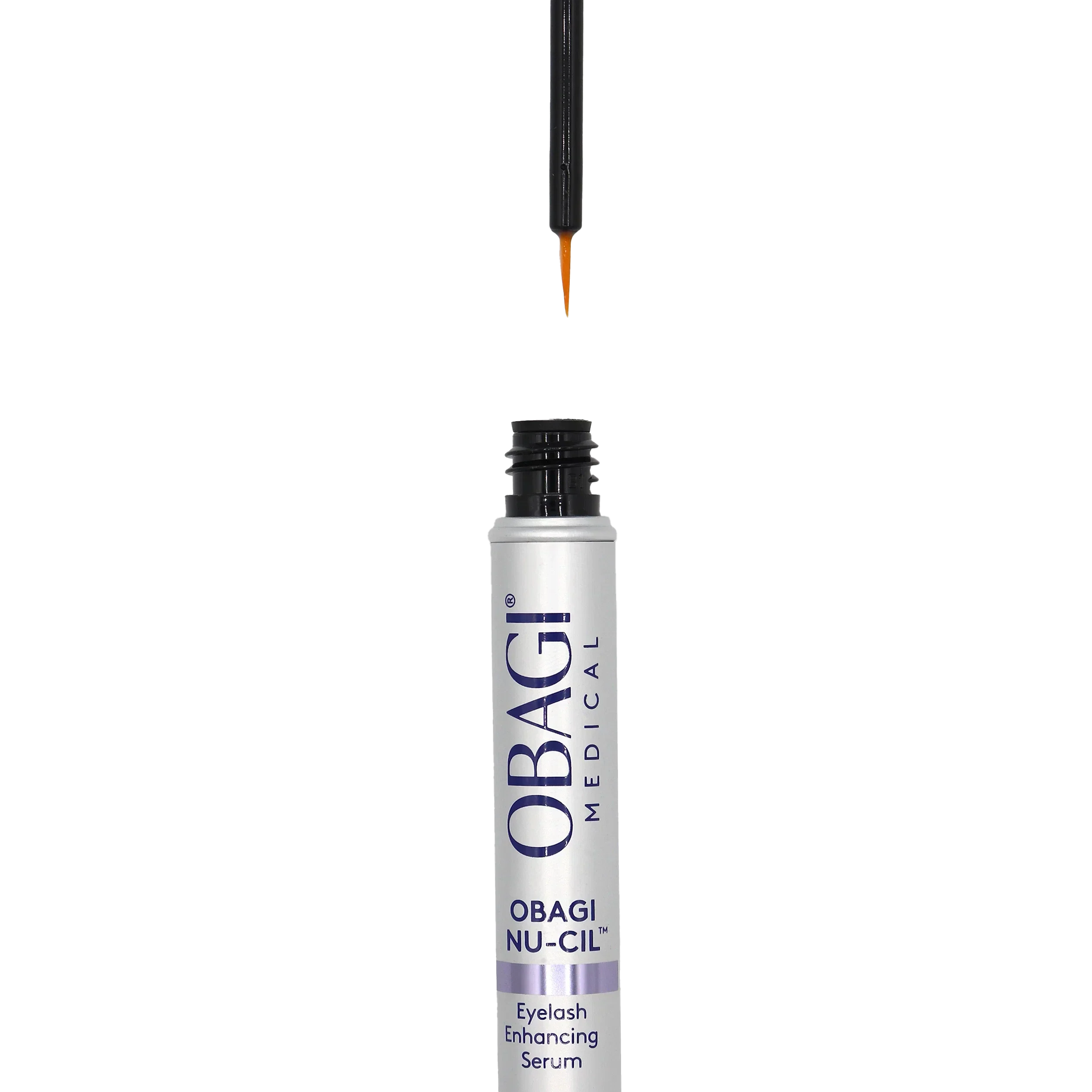 Obagi Nu-Cil eyelash enhancing serum with applicator on a white background
