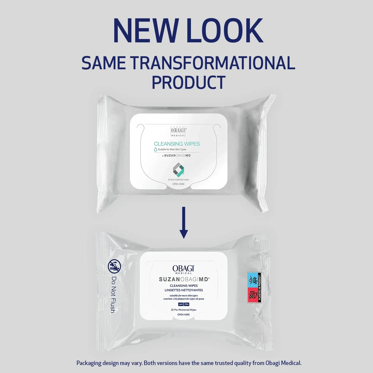 Obagi SuzanObagiMD Cleansing Wipes packaging update showing old and new designs