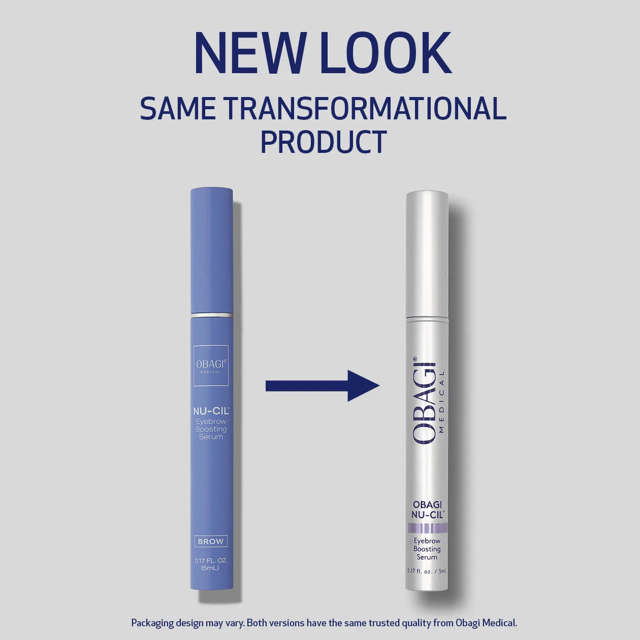 Two cosmetic products with Obagi branding on a gray background, featuring text about a 'New Look' and 'Same Transformational Product'.