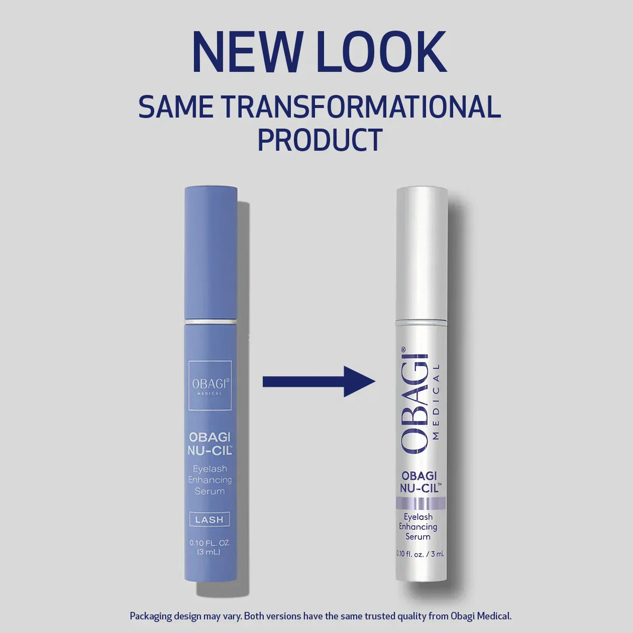 Two versions of Obagi Nu-Cil eyelash serum with text indicating a new look but same transformational product.