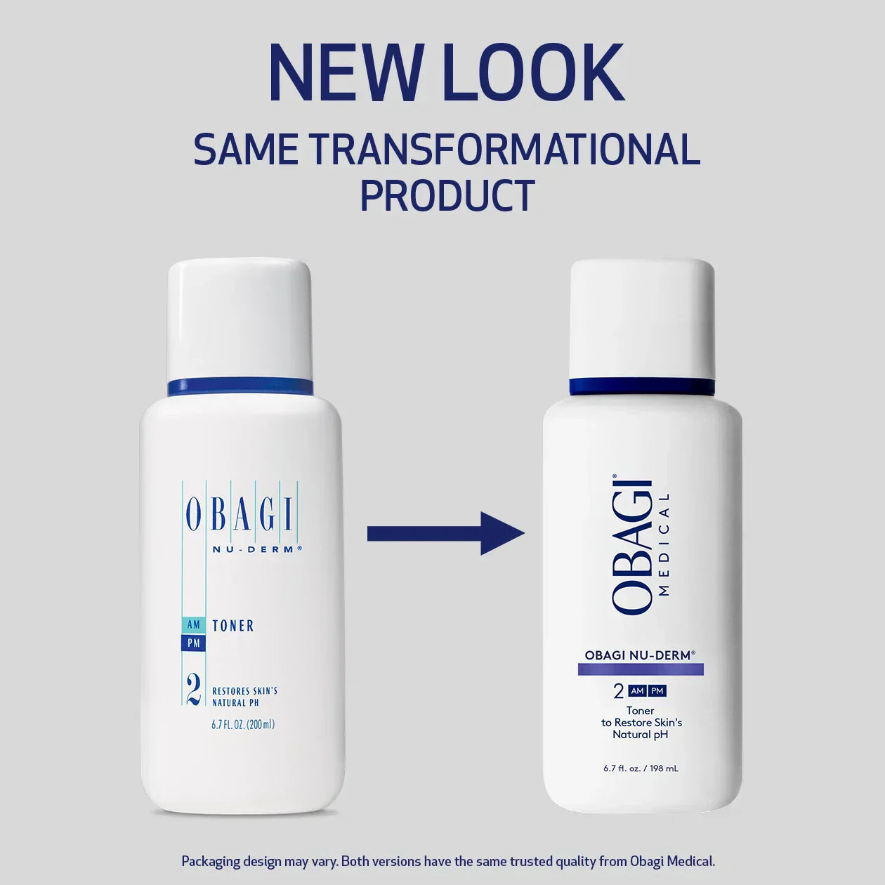 Two bottles of Obagi Nu-Derm with an arrow pointing from one to the other, set against a gray background.