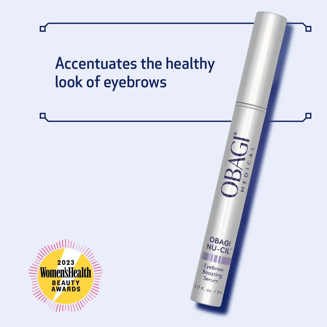 Obagi Nu-Cil eyebrow serum with a purple background and Women's Health Beauty Award badge.