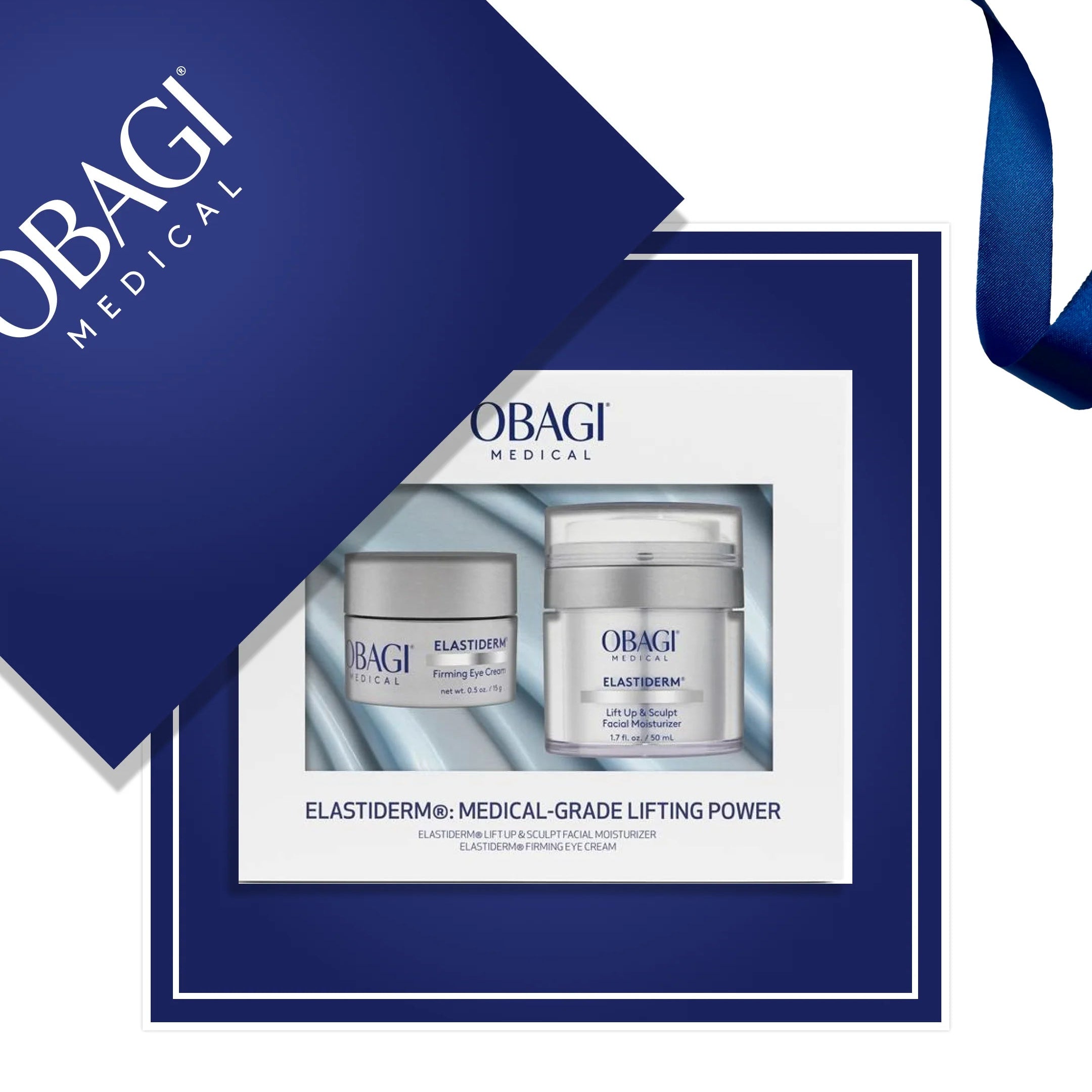 Obagi skincare products in a box with a blue ribbon