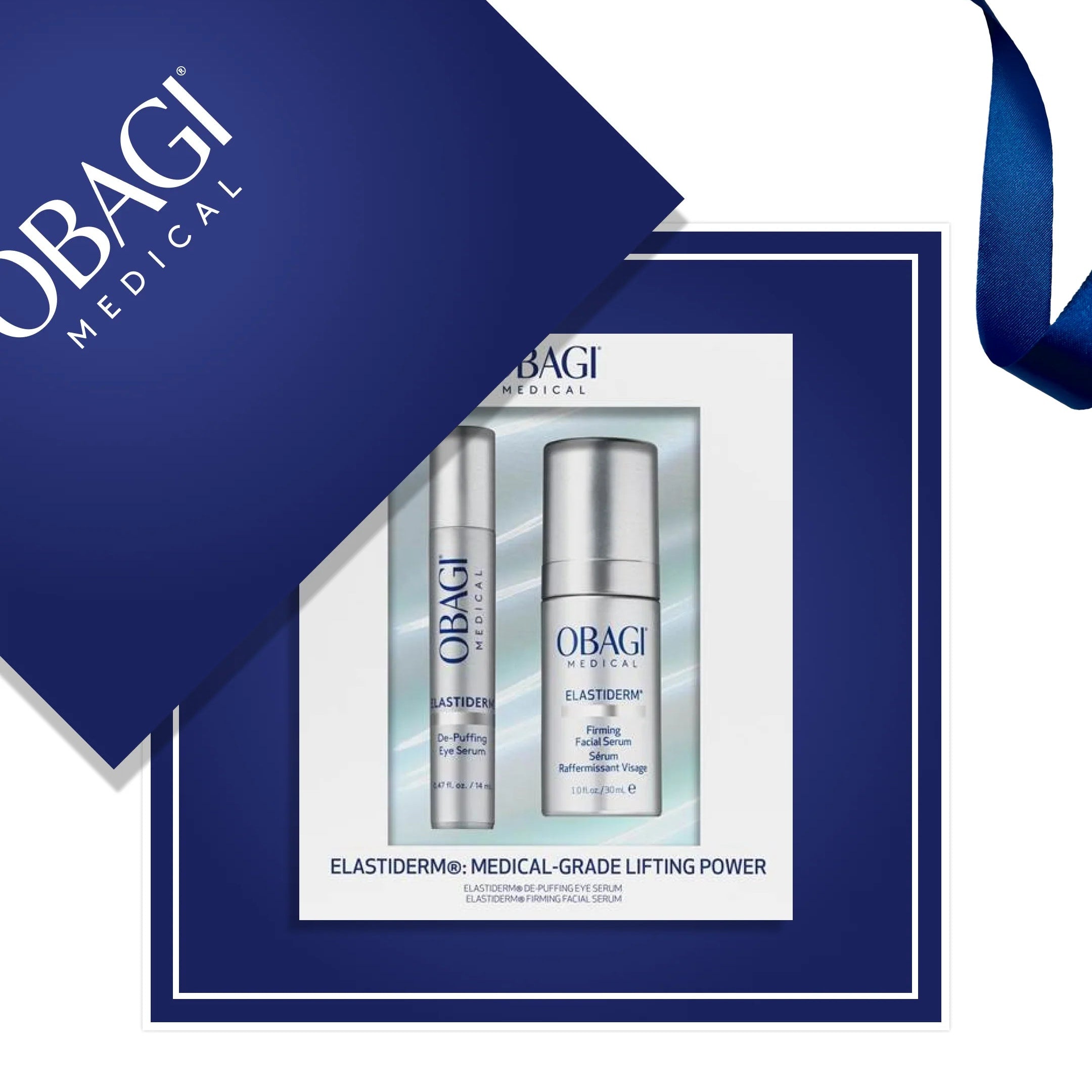 Obagi skincare products in a box with a blue ribbon