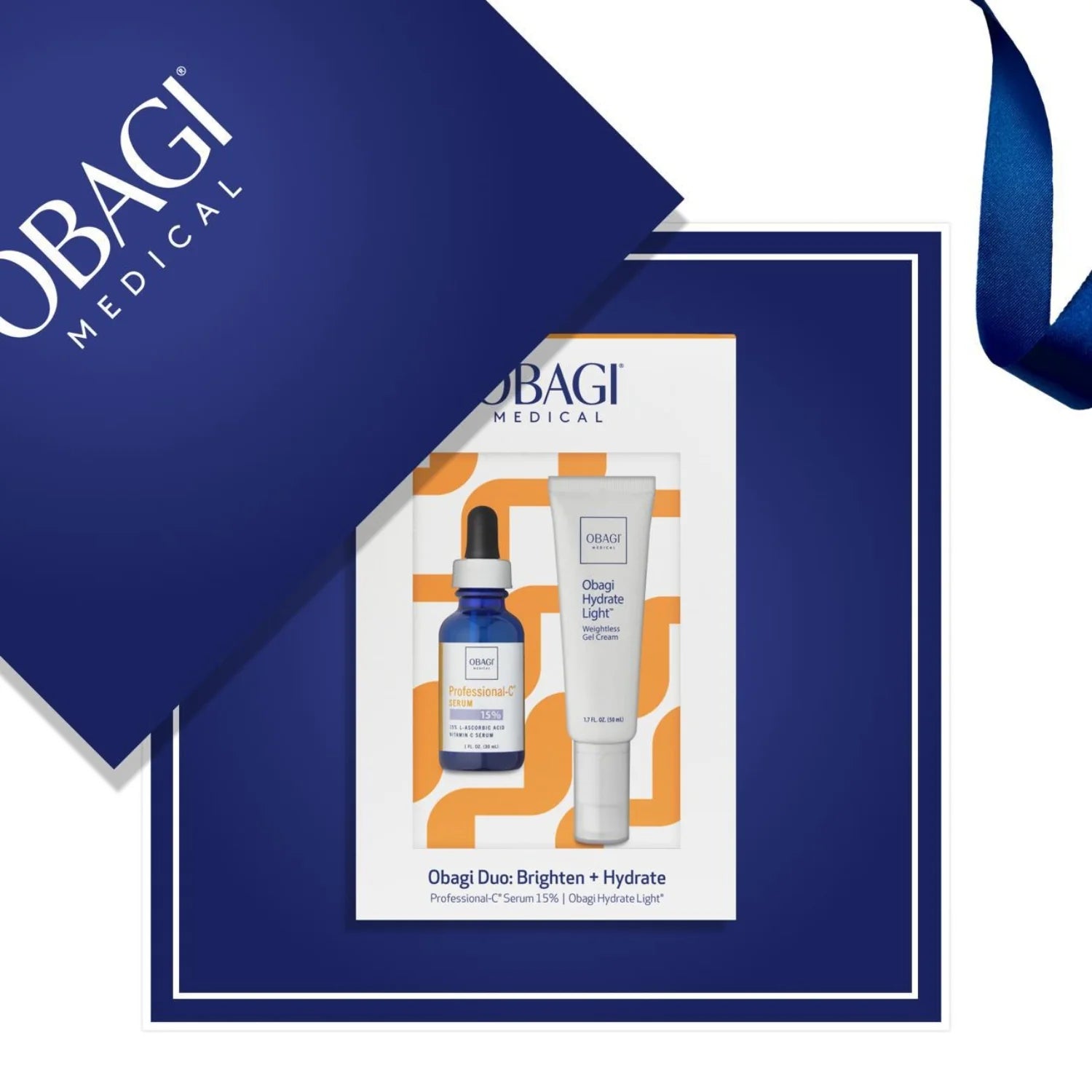 Obagi Medical skincare products on a blue background with Obagi logo.
