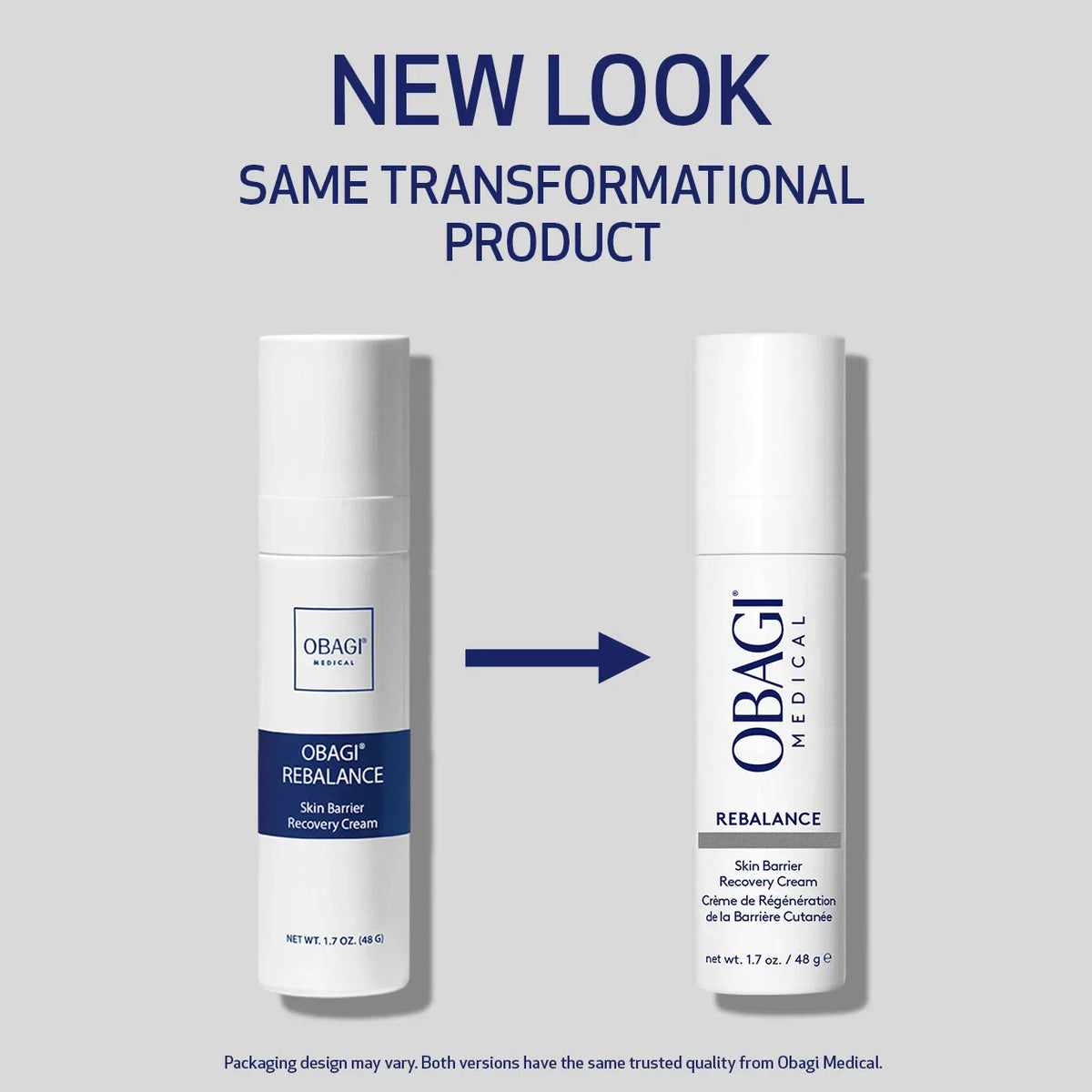 Obagi Rebalance Skin Barrier Recovery Cream packaging update showing old and new designs