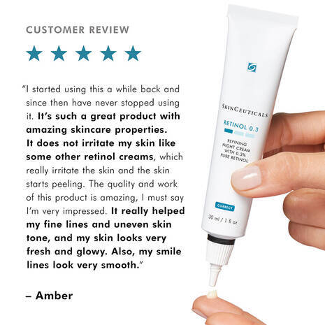 Skinceuticals Retinol 0.3 cream tube with a five-star customer review on a white background
