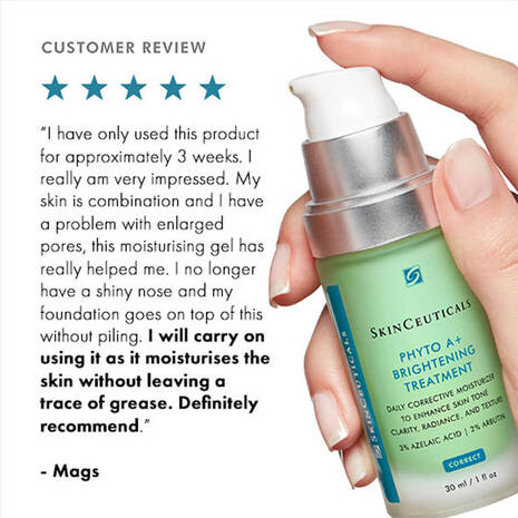 Hand holding a SkinCeuticals skincare product with a customer review on a white background