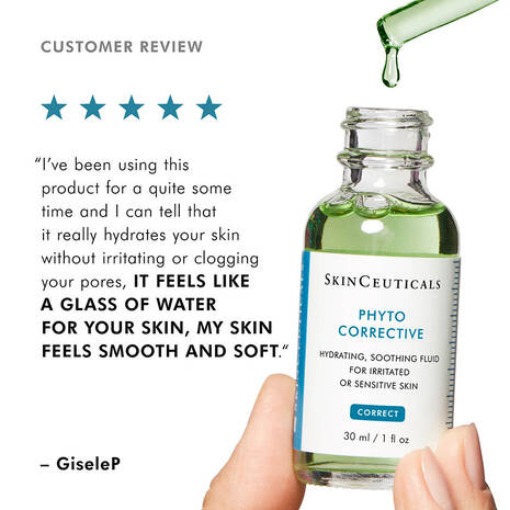 SkinCeuticals Phyto Corrective bottle with a five-star customer review on a white background