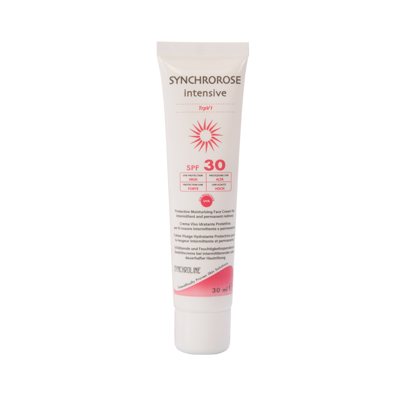 Tube of Synchrorose Intensive sunscreen with SPF 30 on a white background