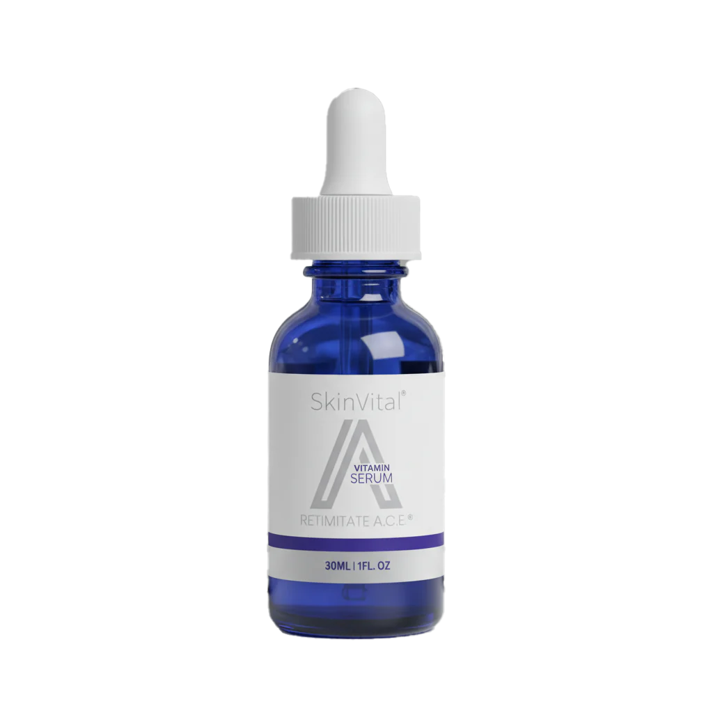 Blue serum bottle with a white dropper labeled 'SkinVital' on a white background