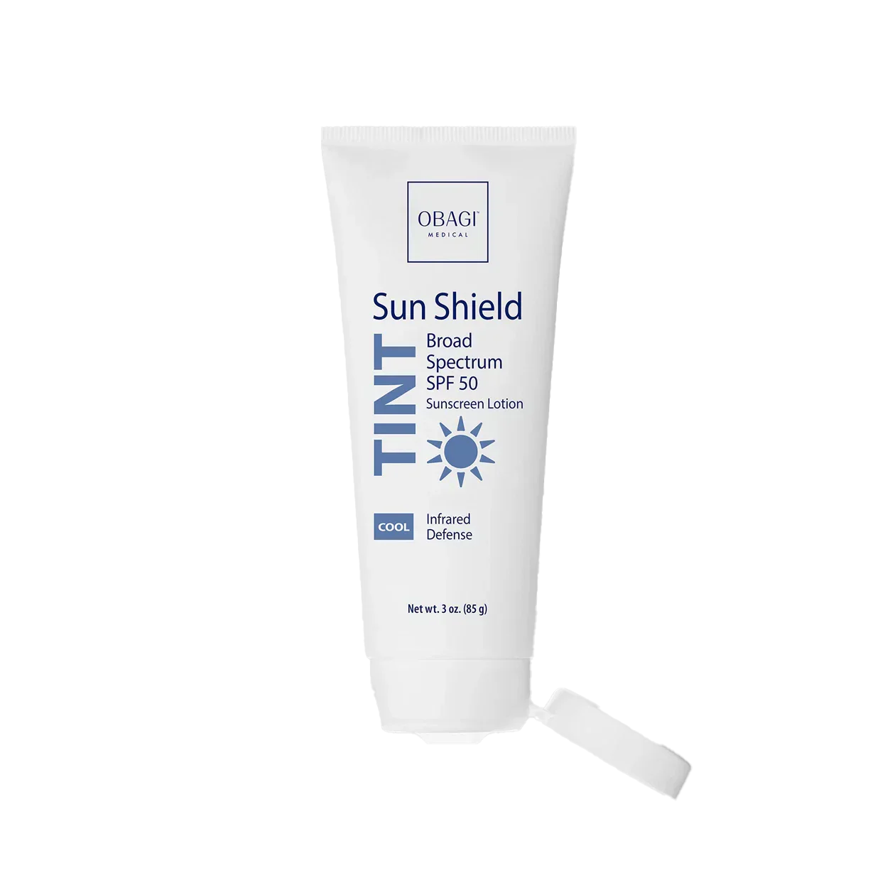 Obagi Sun Shield Tinted Broad Spectrum SPF 50 sunscreen lotion on a white background