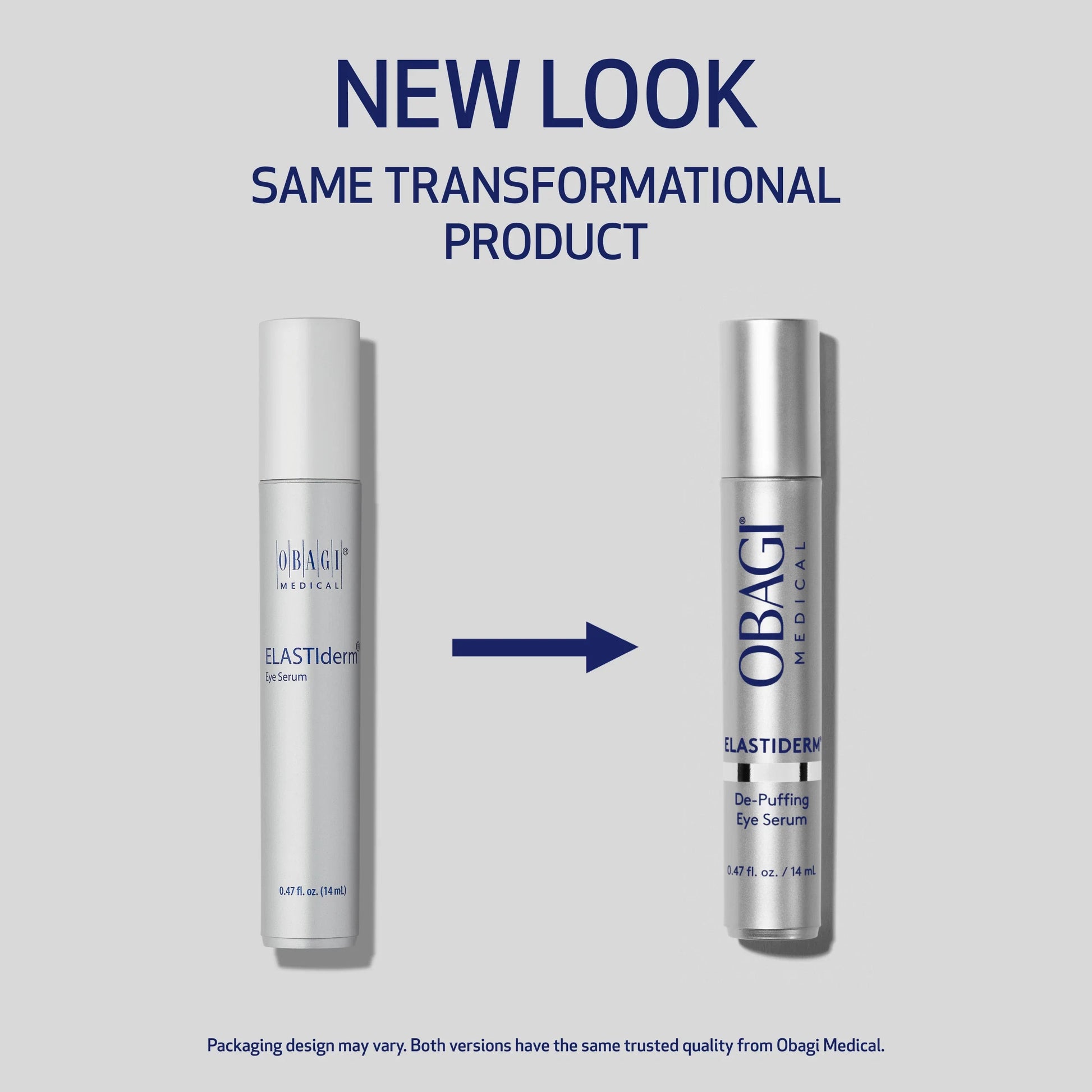 Two Obagi Medical ELASTIderm eye serum bottles with a blue arrow and text on a gray background.