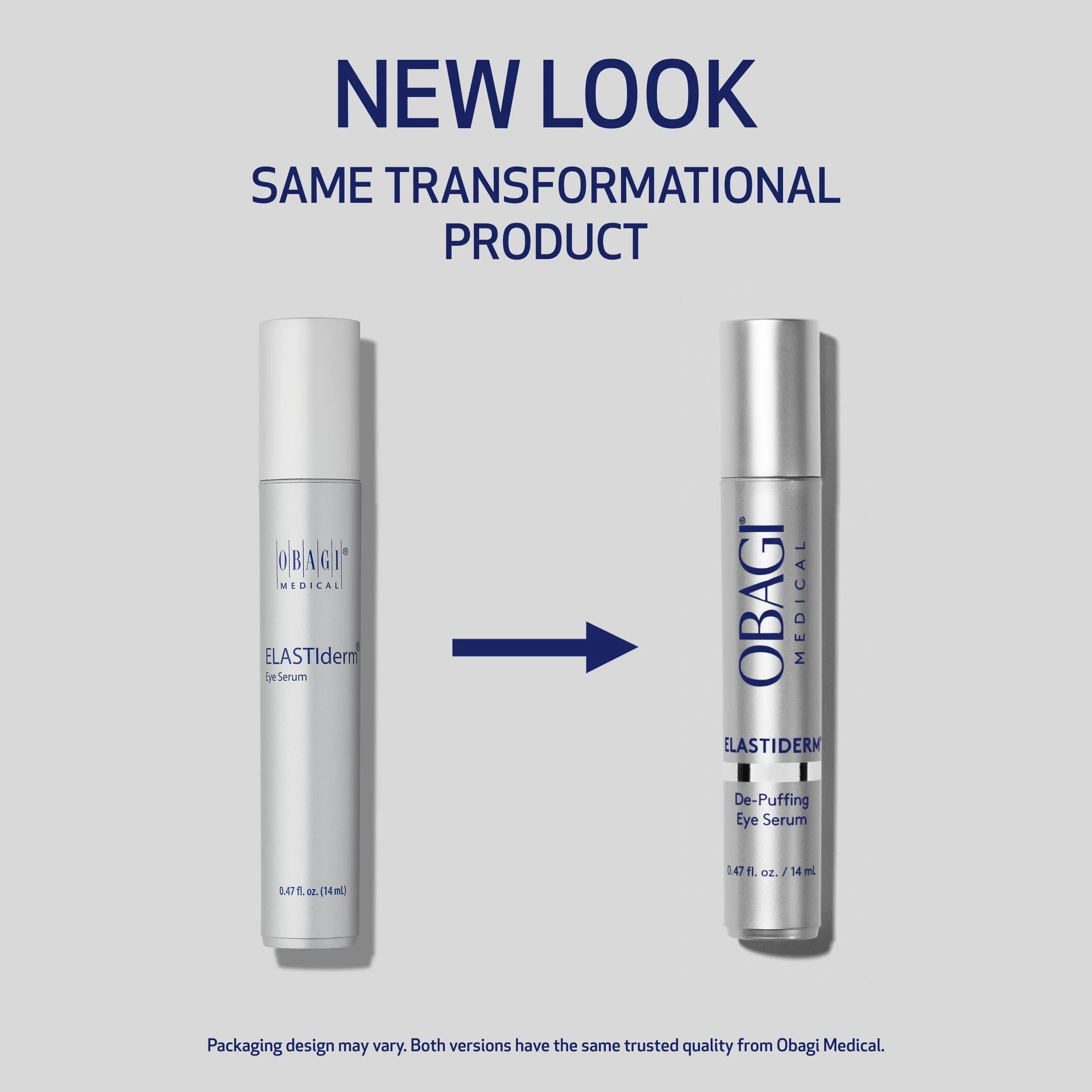 Two Obagi Medical ELASTIderm eye serum bottles with a blue arrow and text on a gray background.