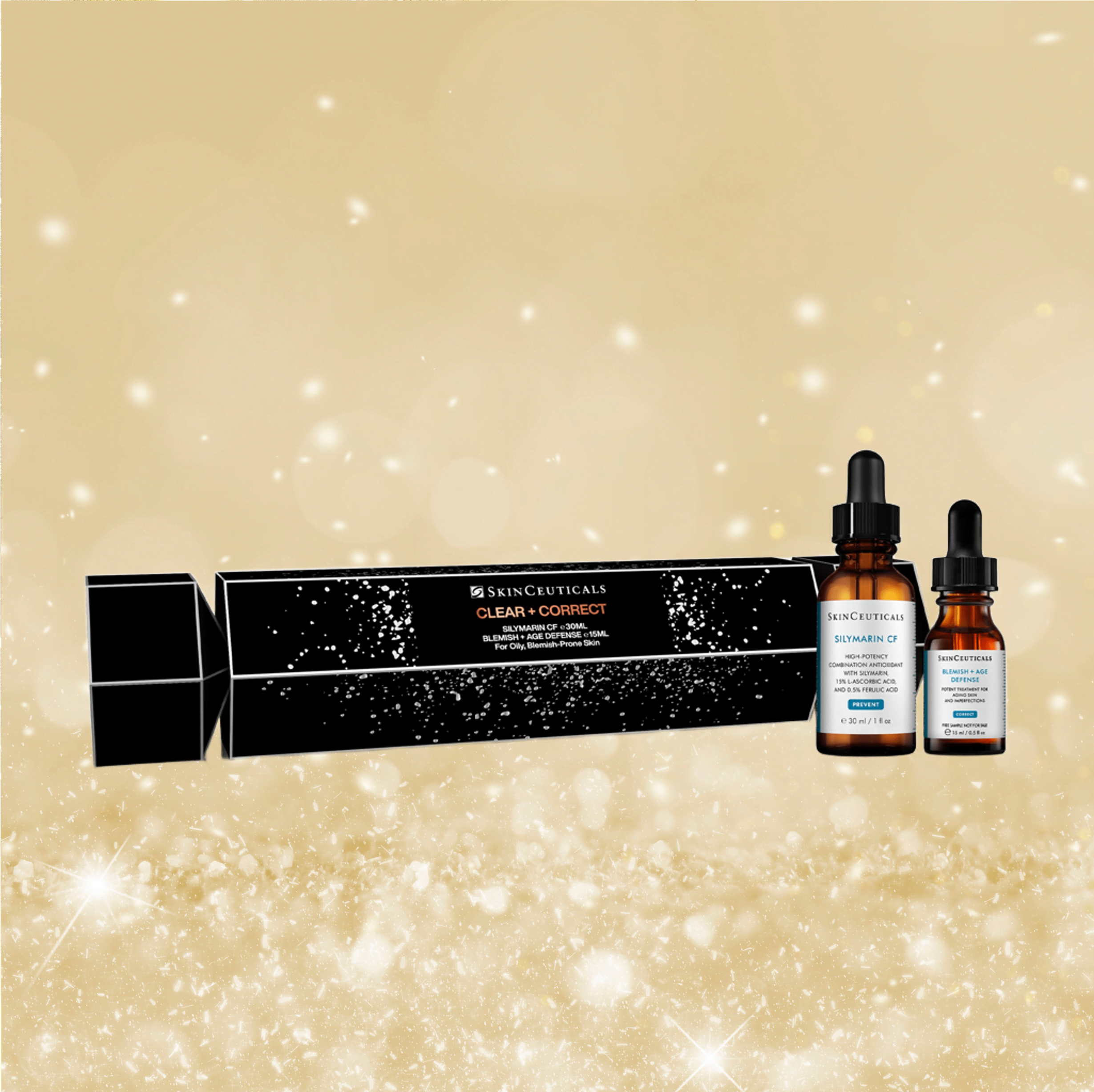 Skinceuticals Cristmas gift skincare products on a gold background