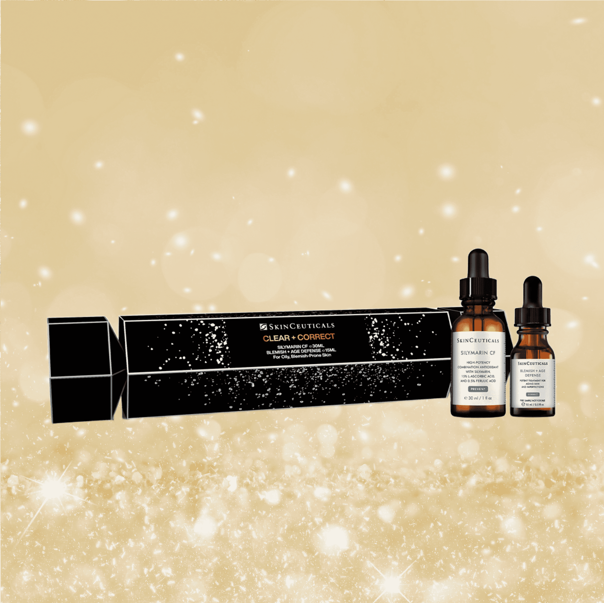 SkinCeuticals skincare products on a gold background