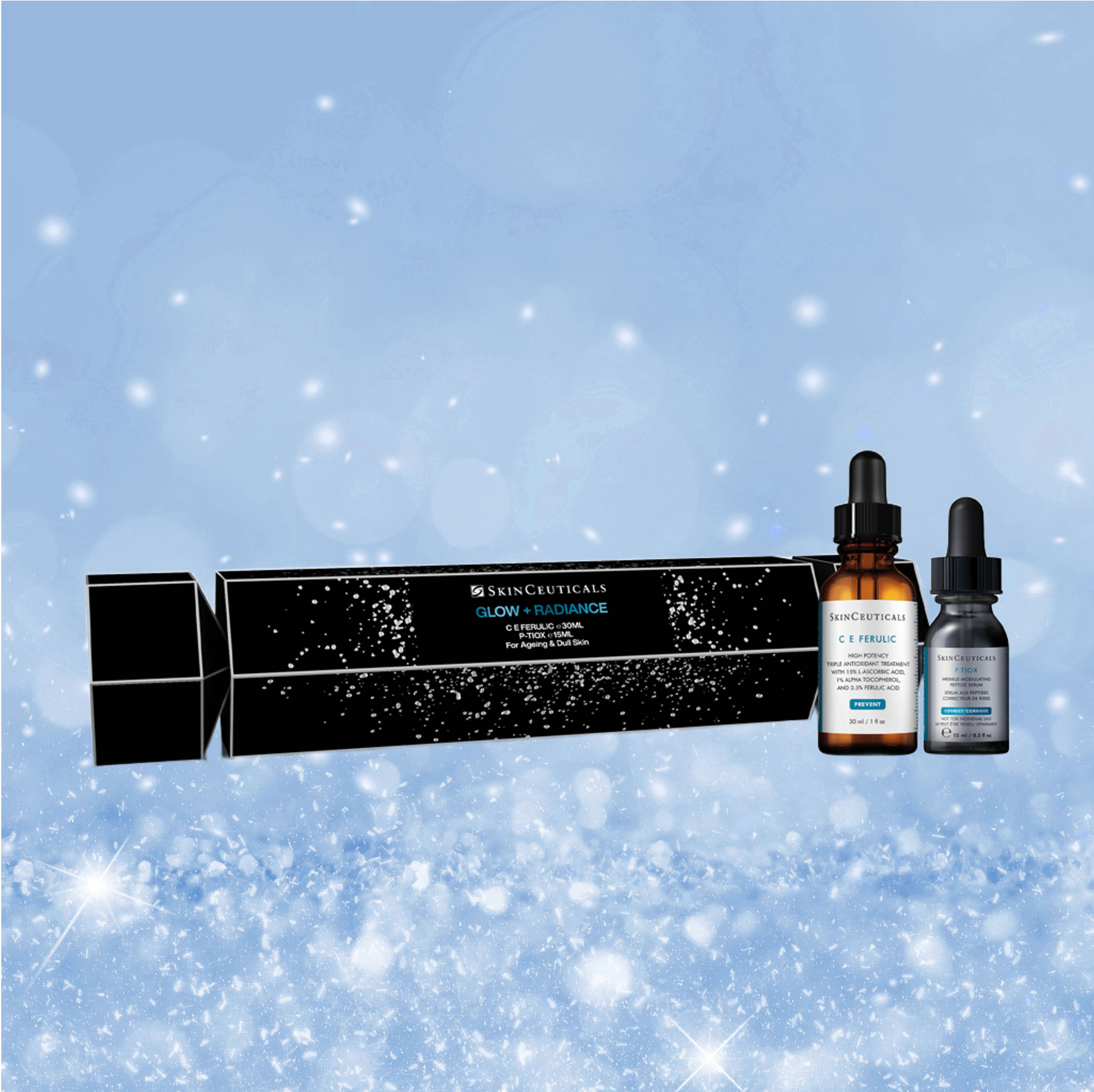 Skinceuticals skincare products on a snowy background