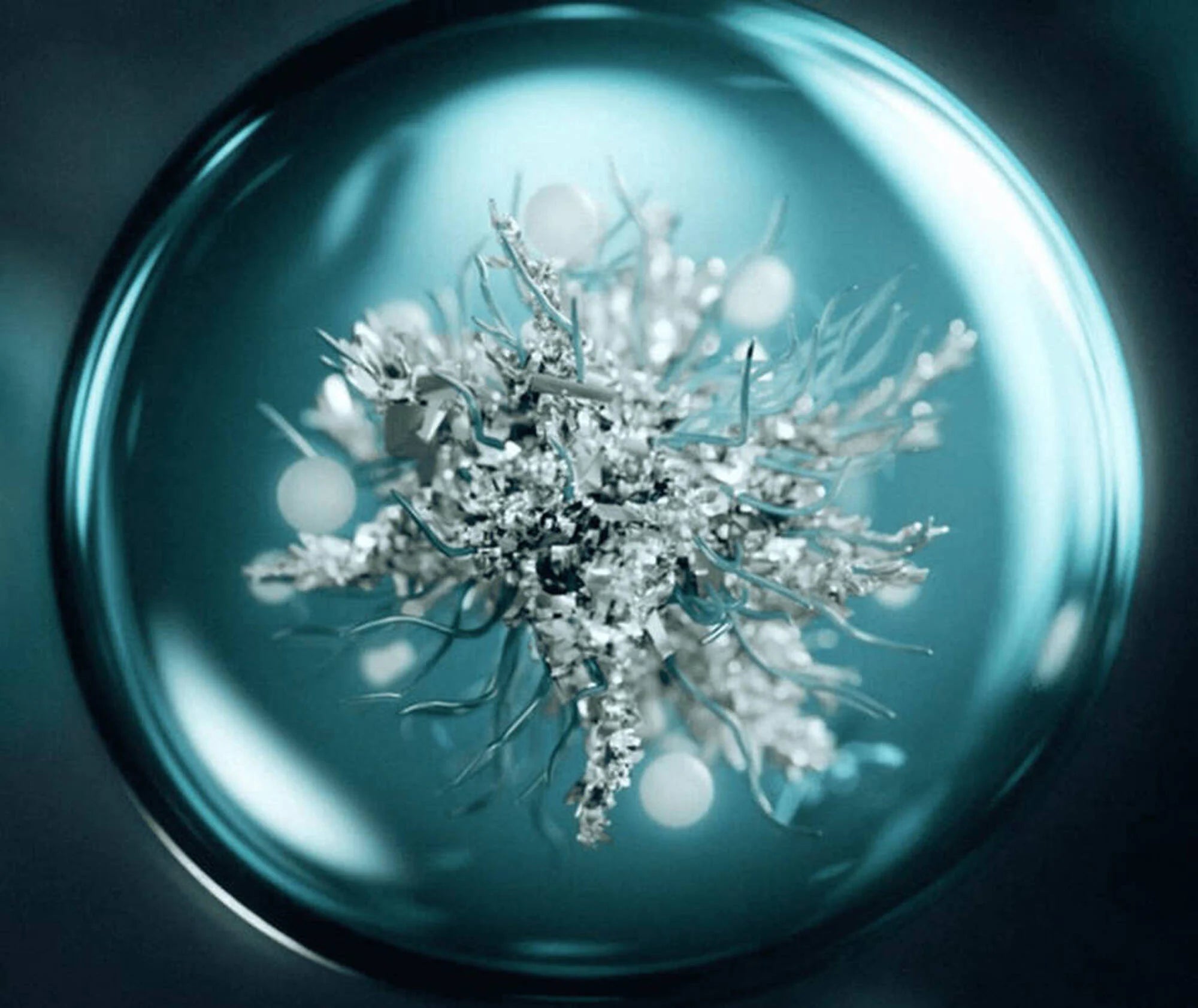 Snowflake inside a transparent sphere with a dark background