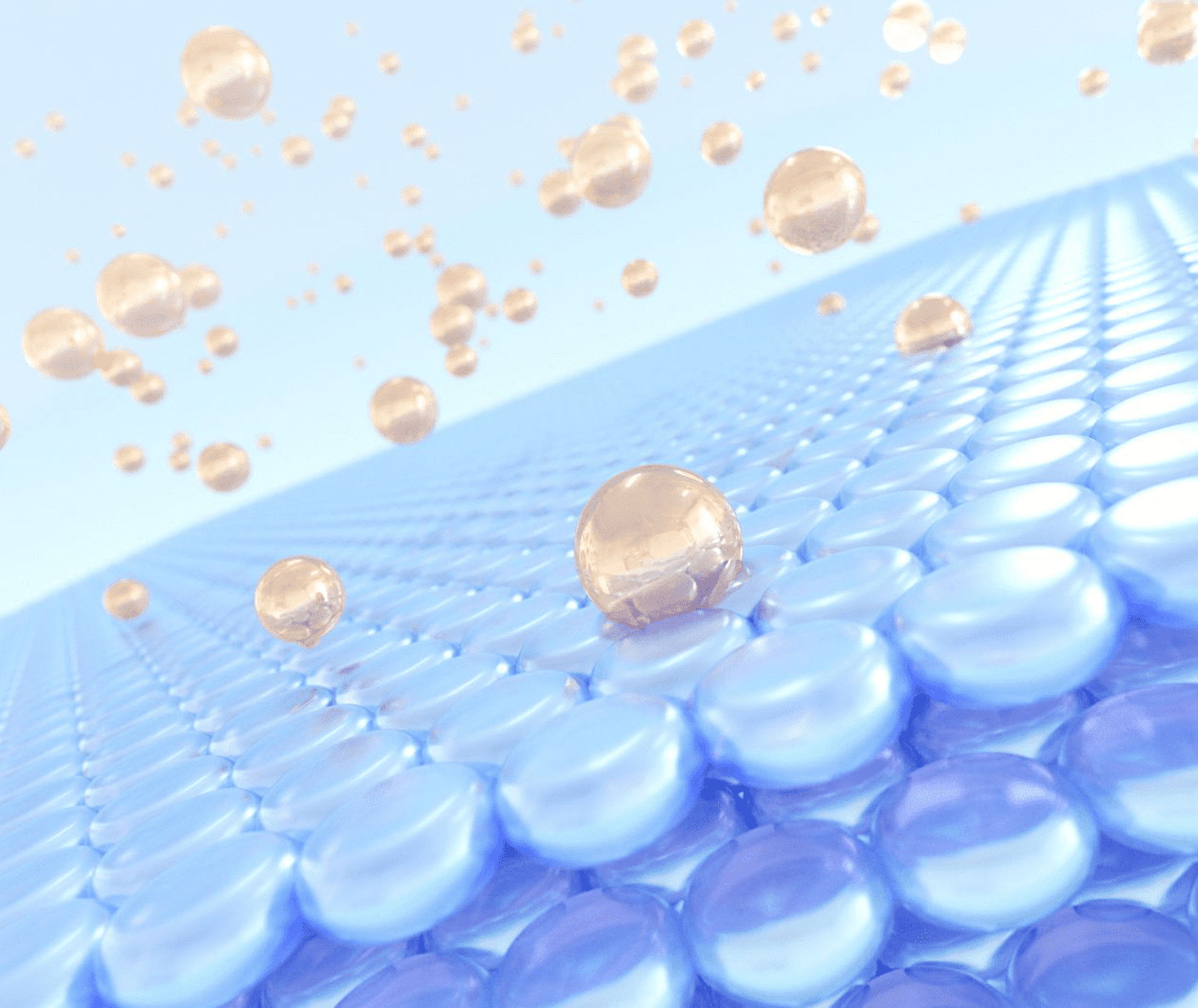 Blue gel beads with gold droplets on a light blue background