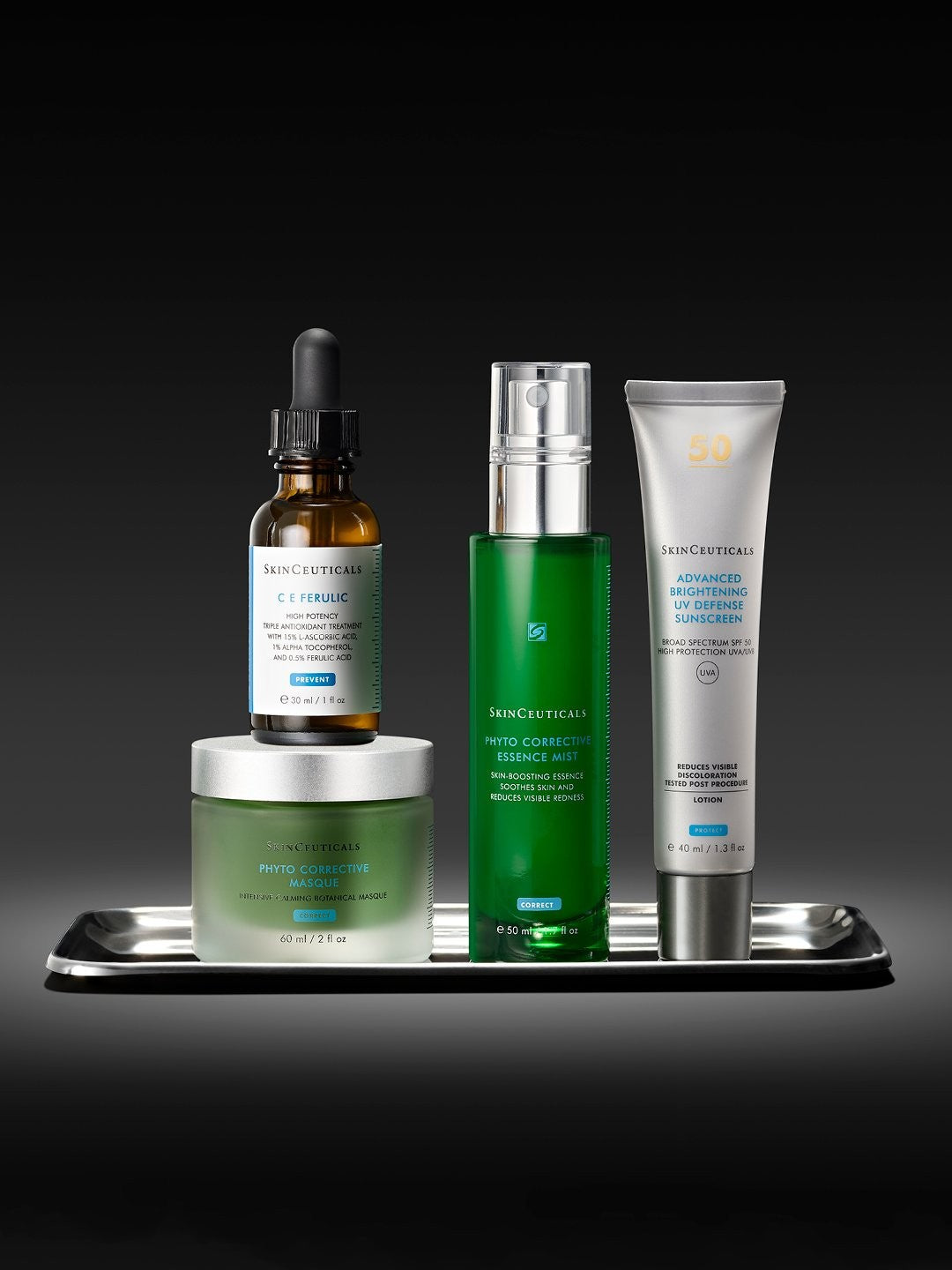 Set of SkinCeuticals skincare products on a dark background