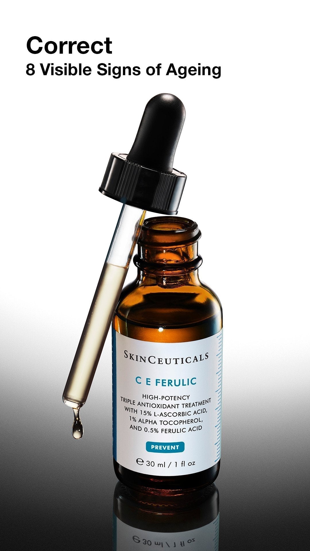 SkinCeuticals C E Ferulic skincare serum with dropper on a gradient background