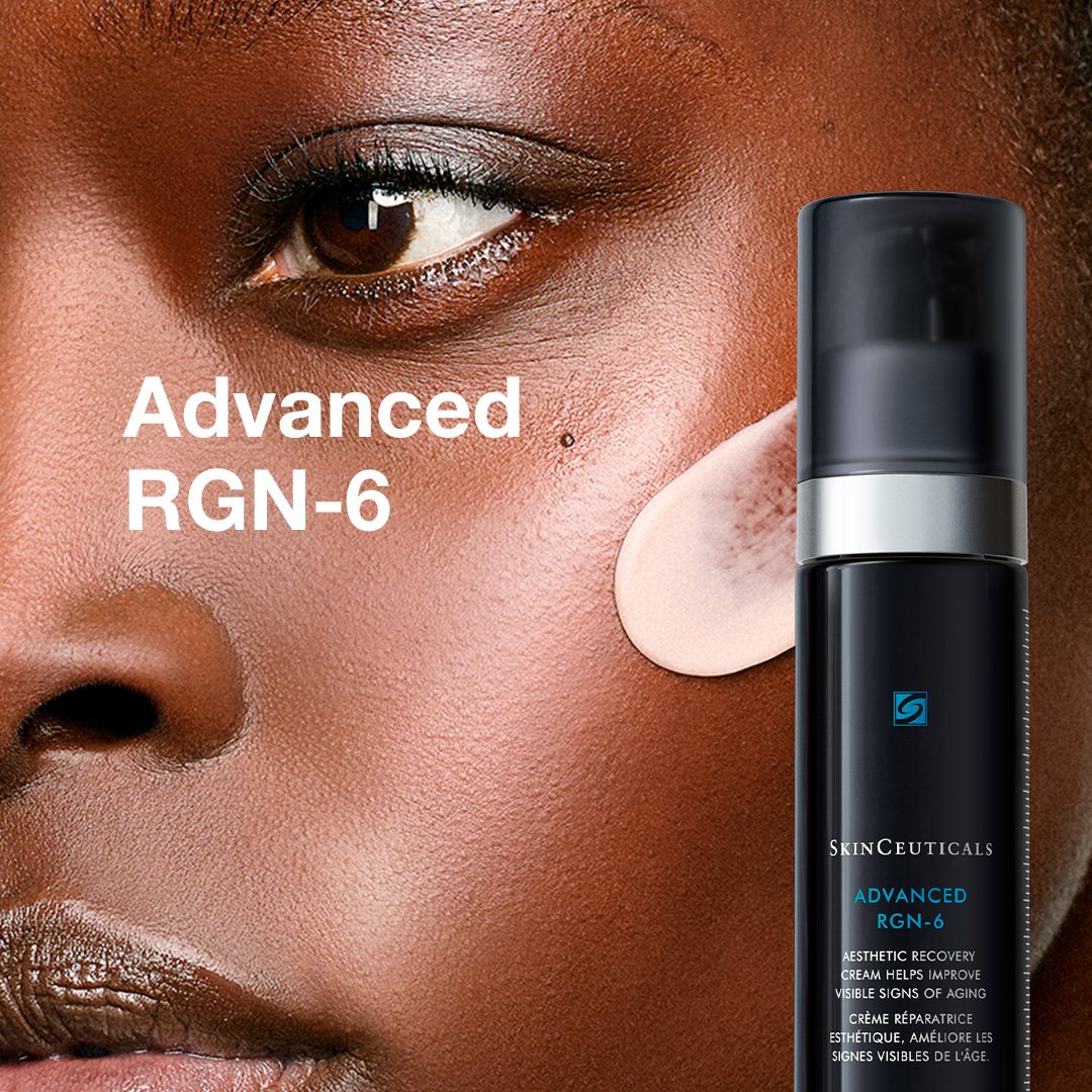 Close-up of a person's face with 'Advanced RGN-6' text and a SkinCeuticals bottle.