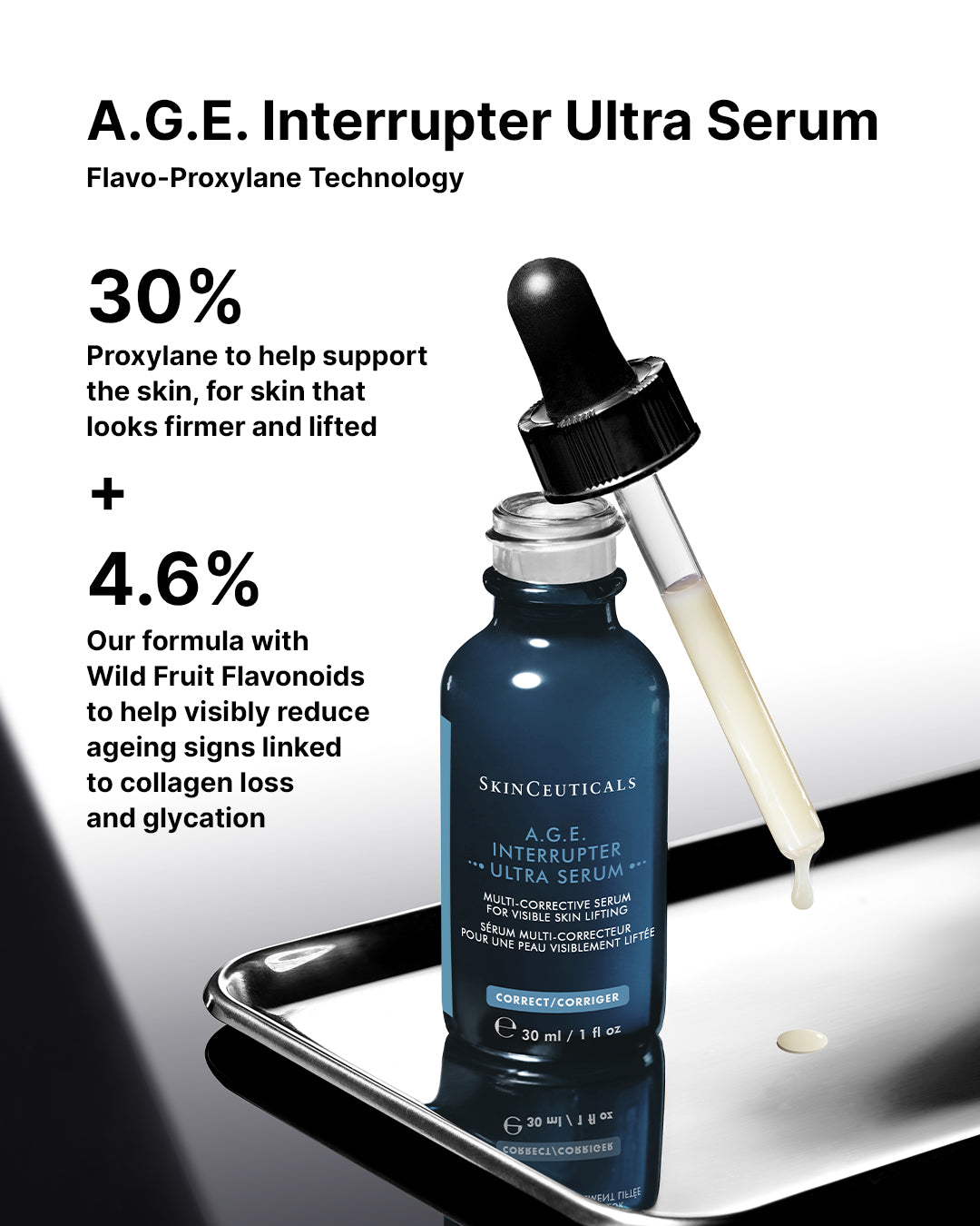 SkinCeuticals A.G.E. Interrupter Ultra Serum with dropper on a reflective surface