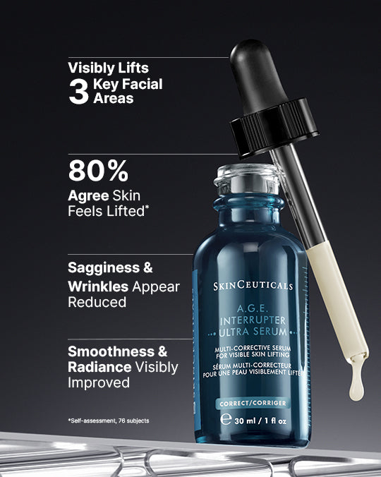 SkinCeuticals A.G.E. Intervporper Ultra Serum with dropper on a dark background
