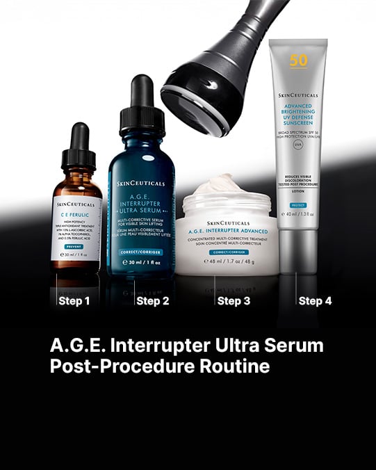 SkinCeuticals skincare products with step-by-step guide on a black background