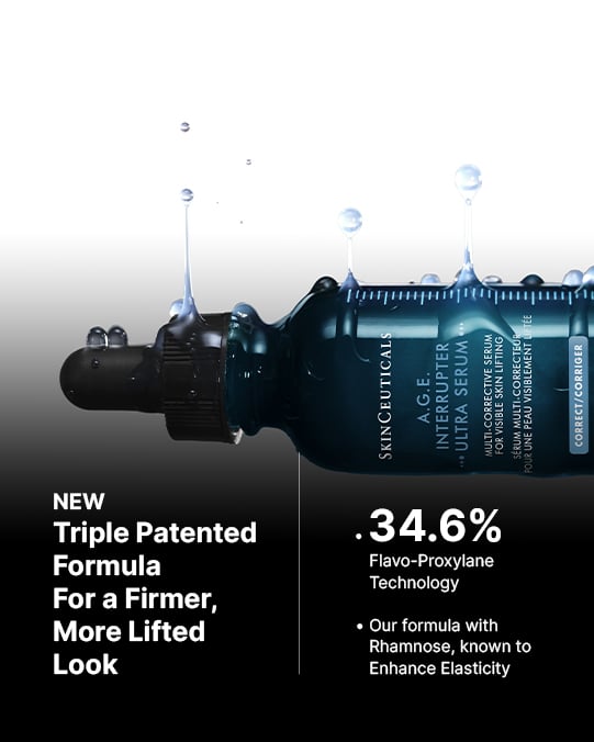 Skincare serum bottle with text highlighting new formula and ingredients on a black background