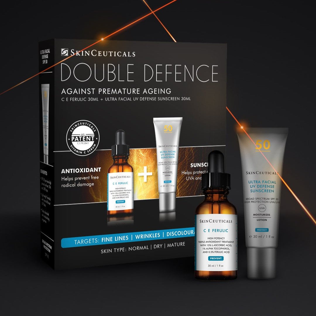 SkinCeuticals Double Defence anti-aging skincare set on a dark background