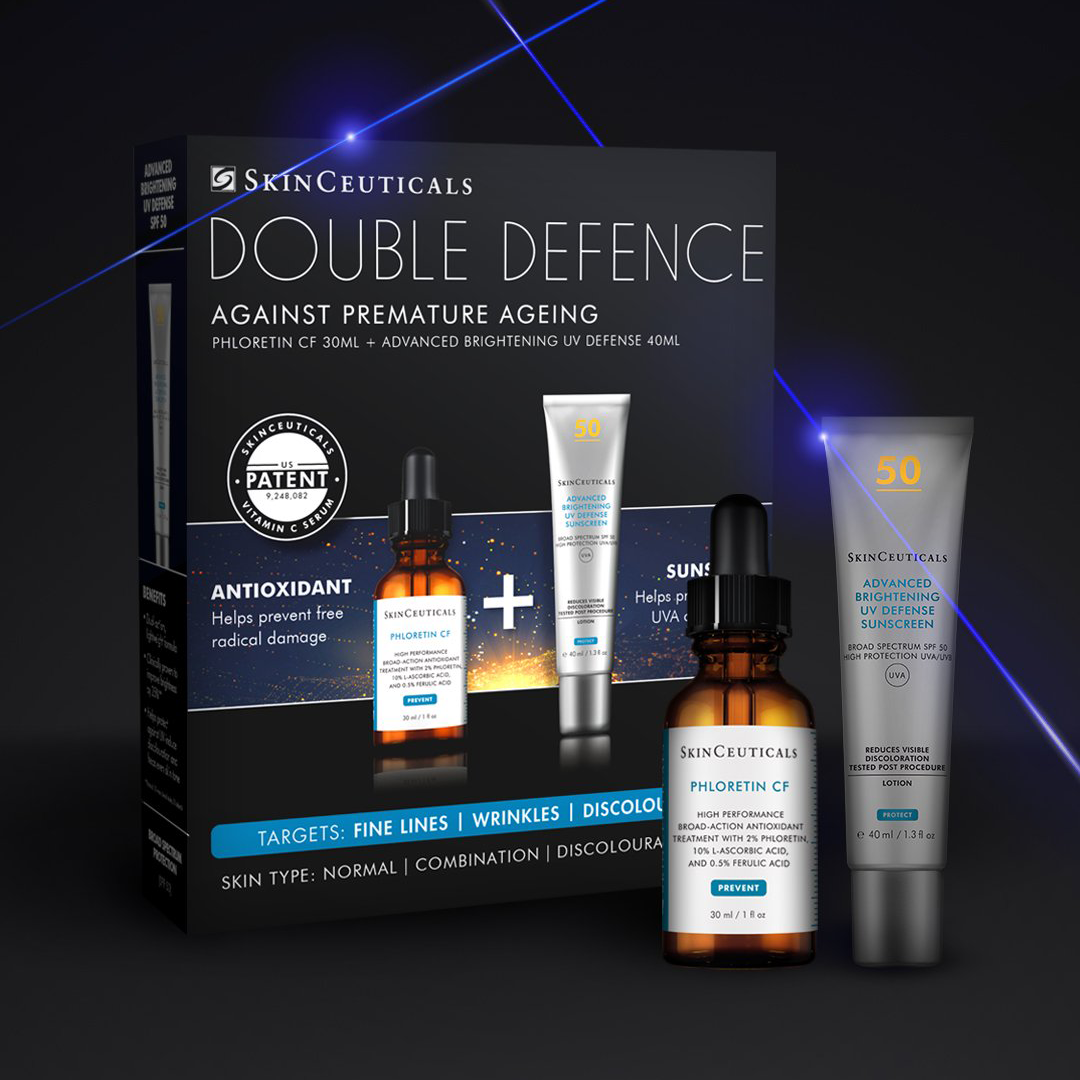 SkinCeuticals Double Defence skincare set on a dark background