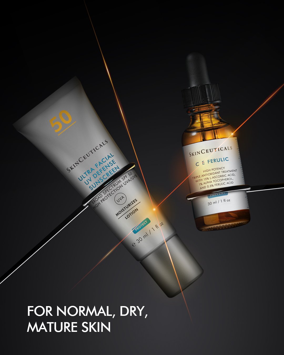 Two SkinCeuticals skincare products on a black background with text indicating use for normal, dry, mature skin.