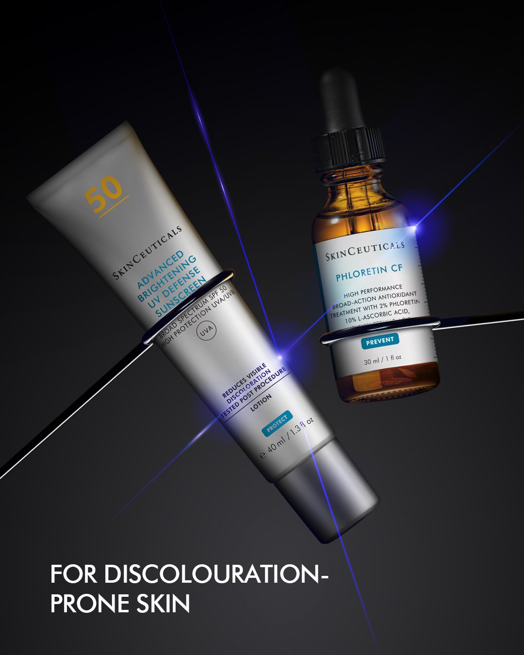 Two SkinCeuticals skincare products on a dark background with text indicating use for discolouration-prone skin.